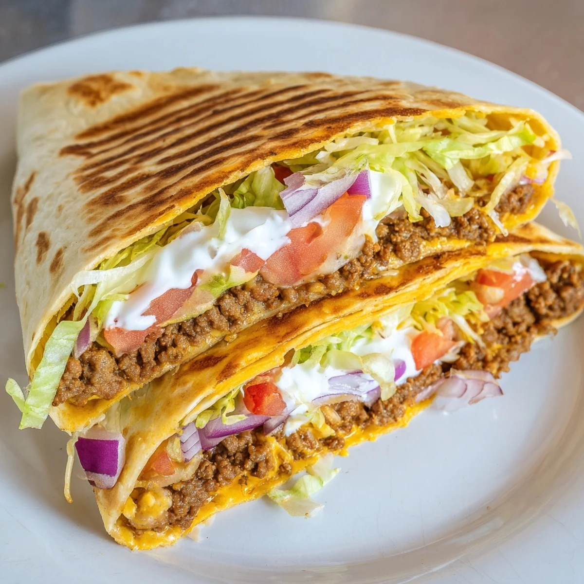 A visually appealing, close-up shot presents a perfectly grilled Taco Bell Crunchwrap Supreme, ready to eat.