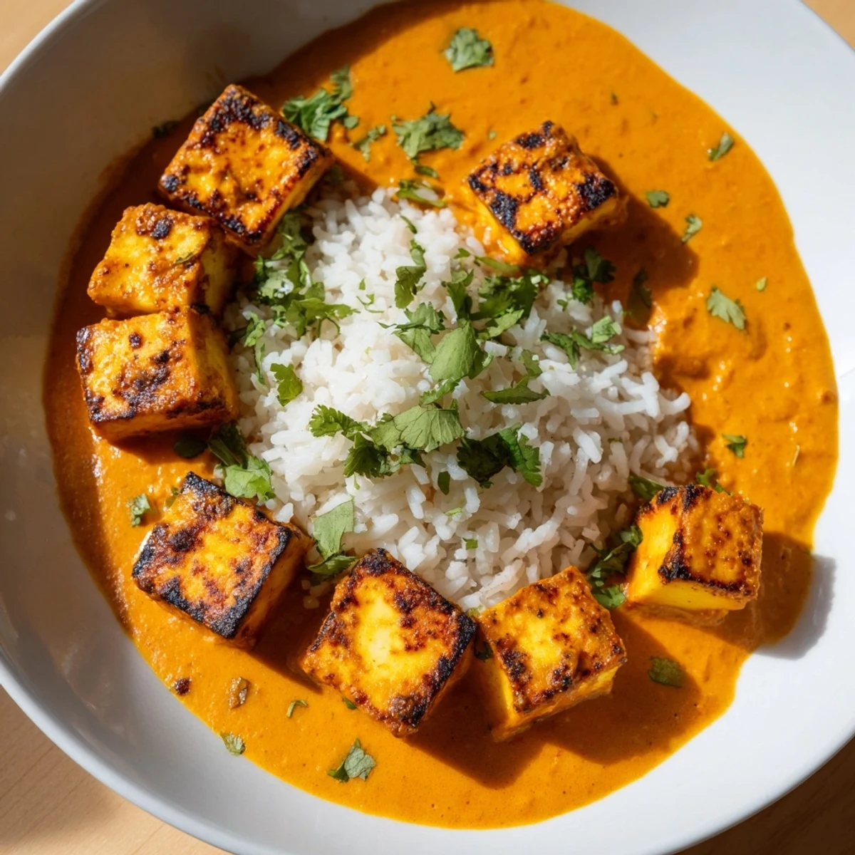 Creamy, vibrant Paneer Tikka Masala, a vegetarian Indian delight, served with fluffy rice.