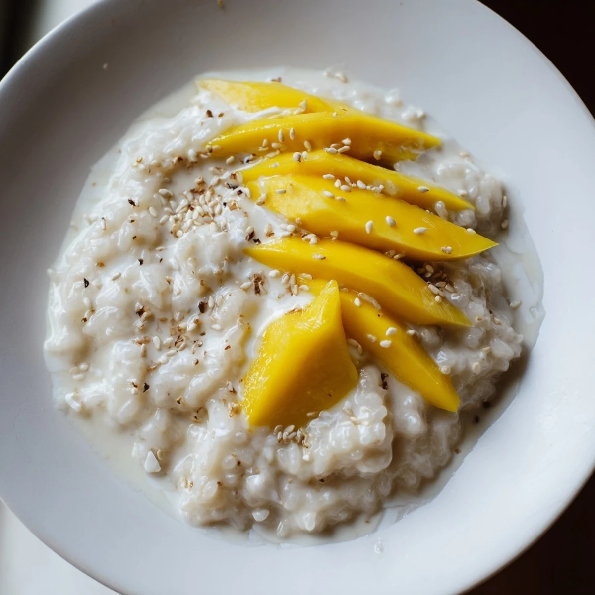 Sweet, creamy Thai mango sticky rice, served with fresh mango slices and coconut sauce drizzled over.