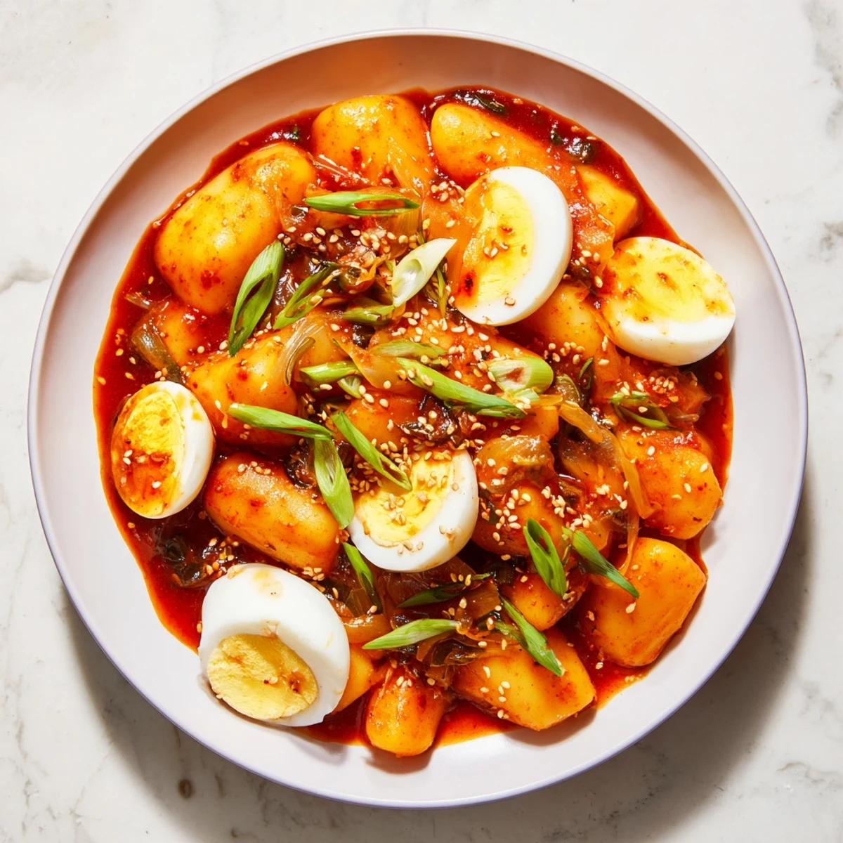 Steaming bowl of spicy Korean Tteokbokki with soft boiled eggs, a popular street food.