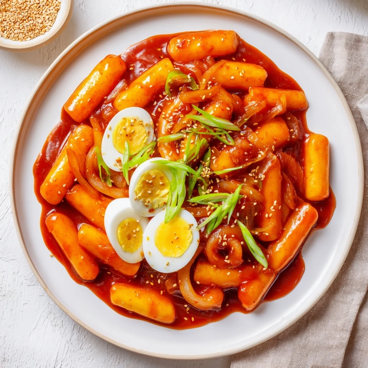 Vibrant photo shows bright red Korean Tteokbokki, a hearty, flavorful dish with soft rice cakes.