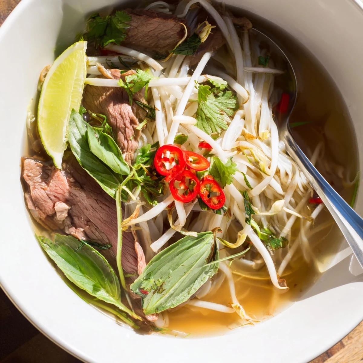 A lovely close-up shows the rich broth surrounding tender beef in this Vietnamese Pho Express.