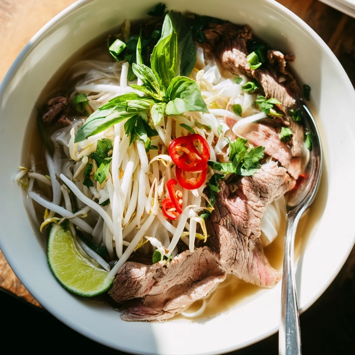 Steaming bowl of Vietnamese Pho Express with fresh herbs, ready for a delicious dinner.