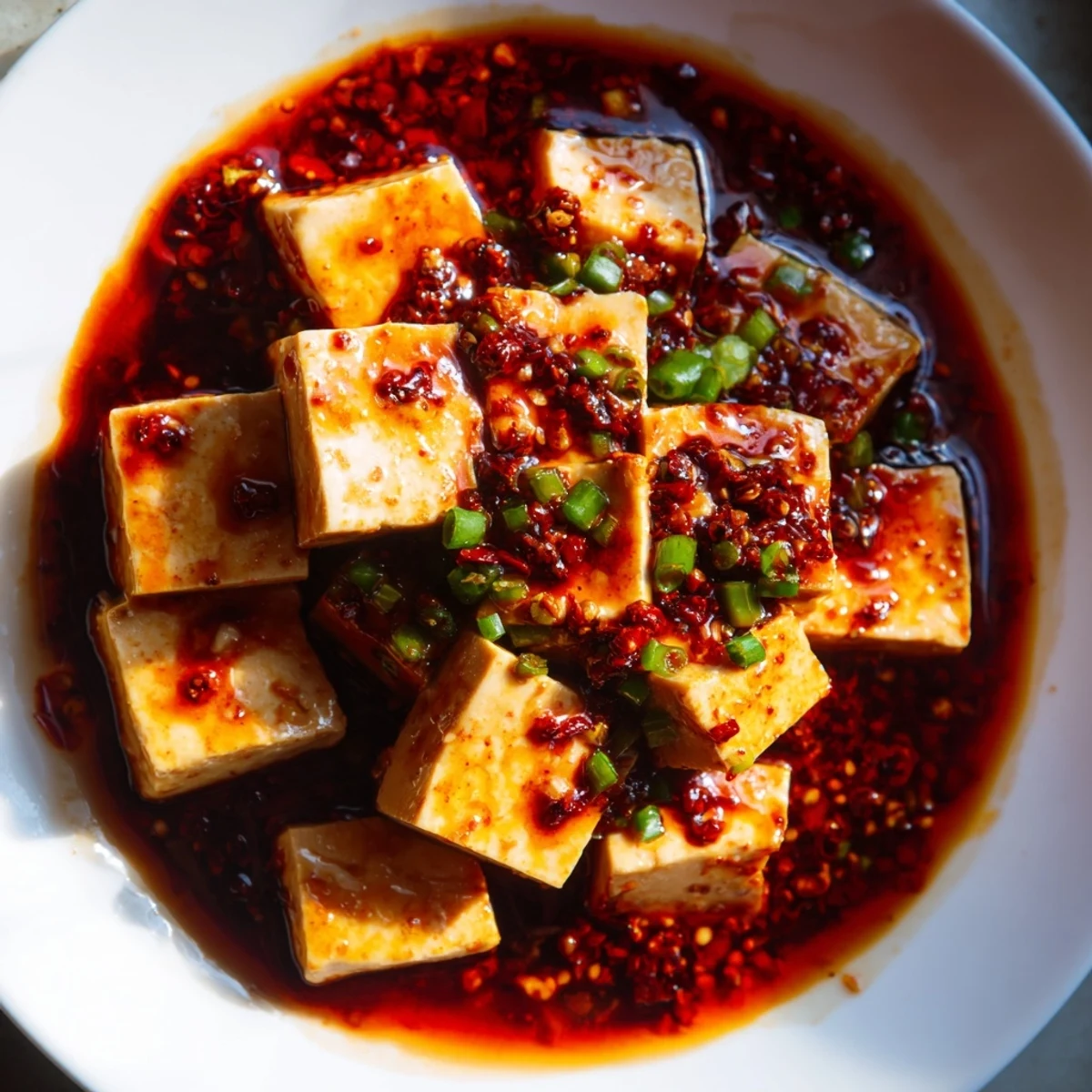 Steaming rice piled high next to a vibrant bowl of Chinese Mapo Tofu, glistening with sauce.