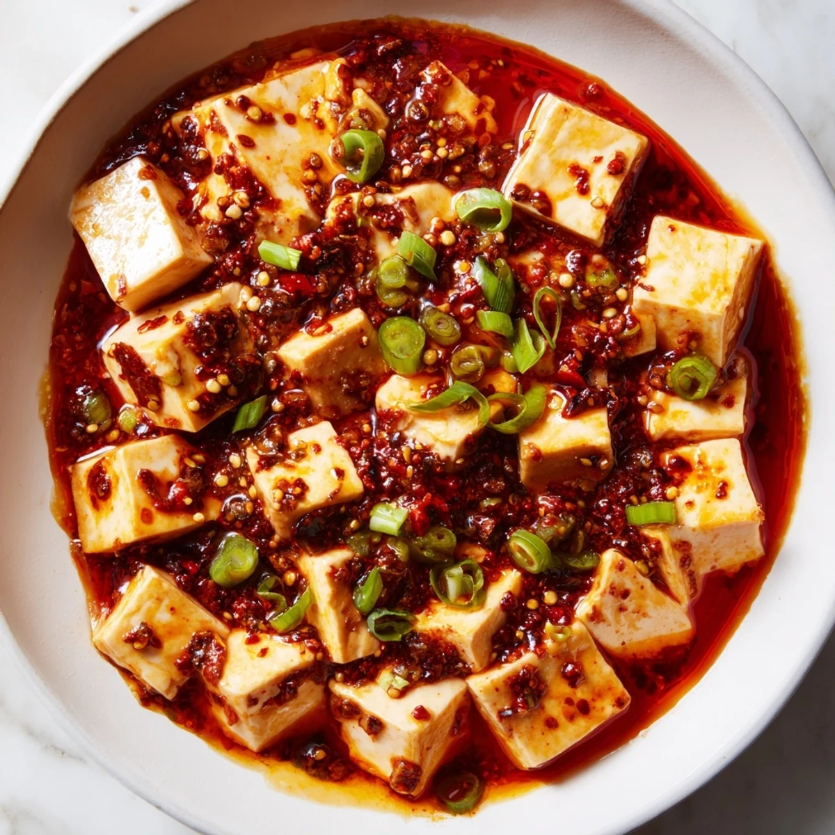 A close-up of tender tofu cubes and savory ground pork in a rich sauce, Mapo Tofu perfection.