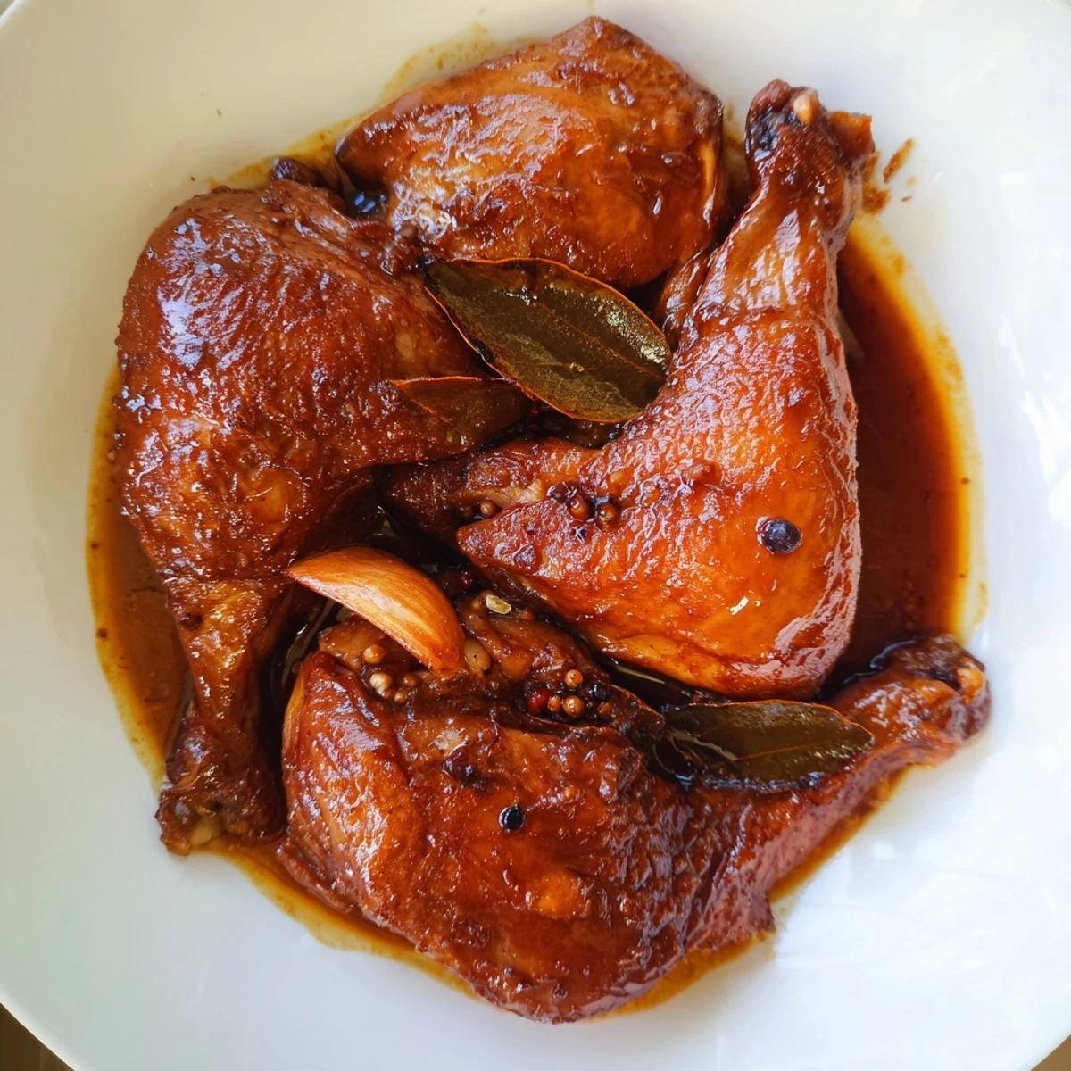 Tender Filipino Chicken Adobo, braised in a savory sauce, served atop fluffy white rice.