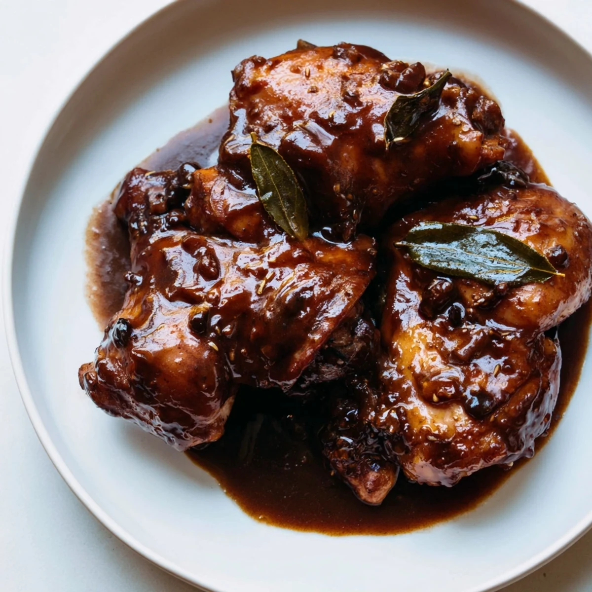 A close-up of steaming Filipino Chicken Adobo with glistening chicken thighs and fragrant sauce.