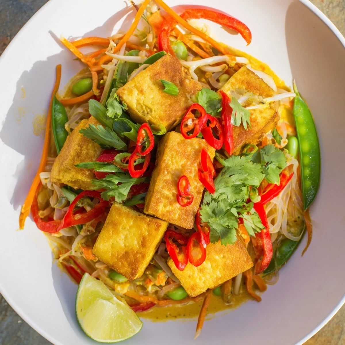 Steaming bowl of Malaysian Laksa Curry, featuring vibrant noodles, tofu, and fresh vegetables for a flavorful meal.