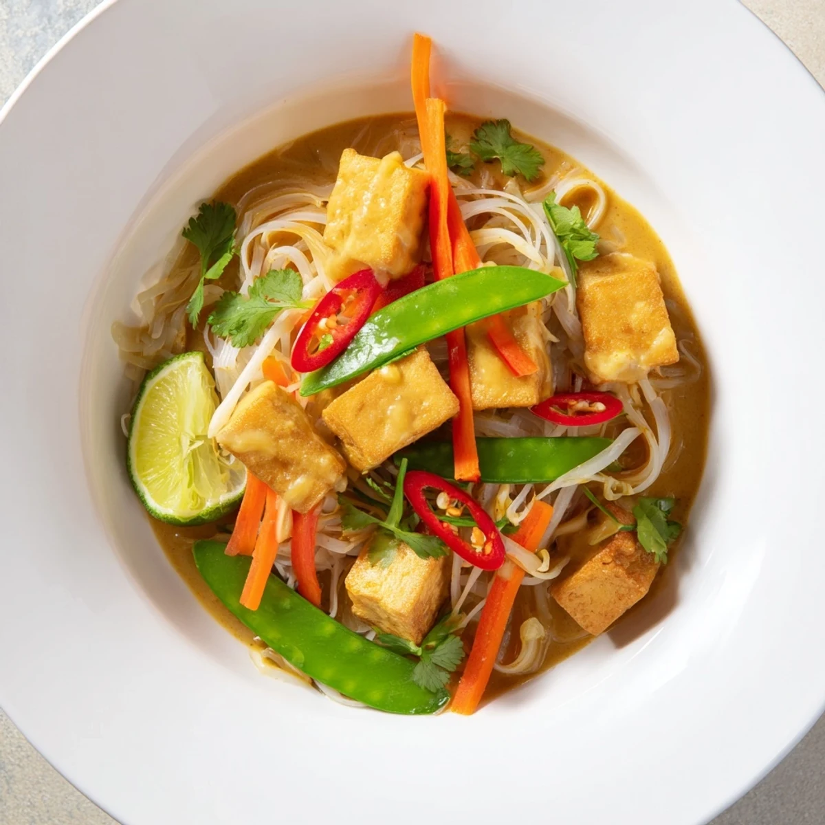 A close-up shot of rich Malaysian Laksa Curry highlighting the fragrant coconut broth and colorful toppings, ready to enjoy.