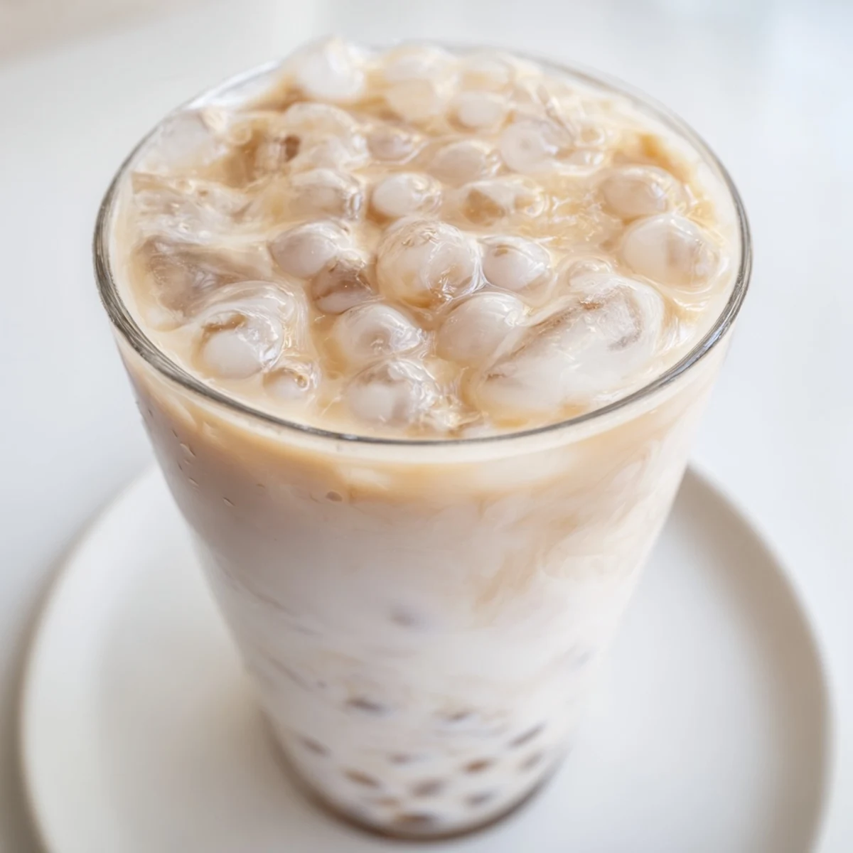 Creamy boba tea hack with sweetened condensed milk and chewy tapioca pearls served over ice in a clear glass.