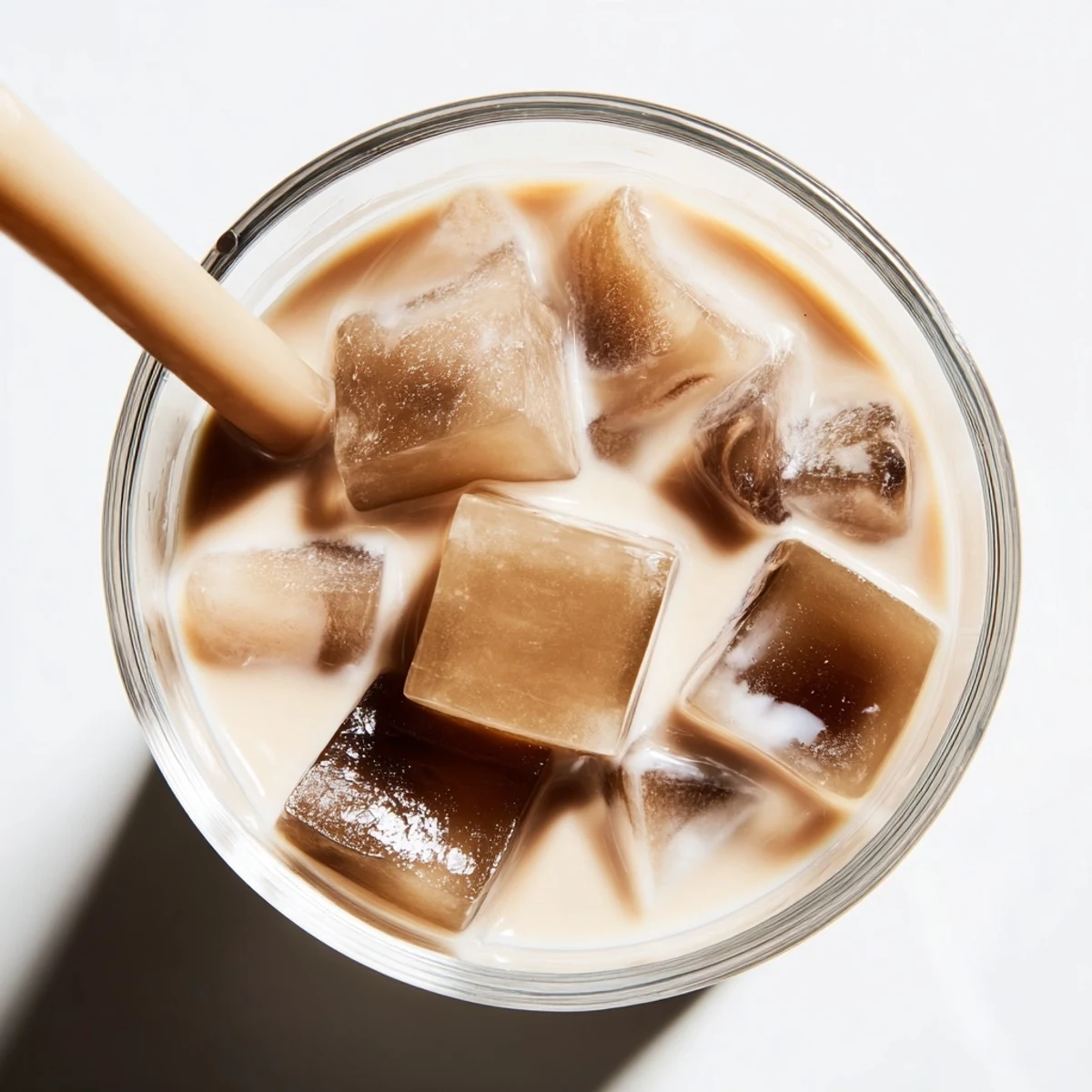 A glass of homemade Coffee Jelly Drink with dark, bouncy cubes suspended in creamy milk, served over ice.