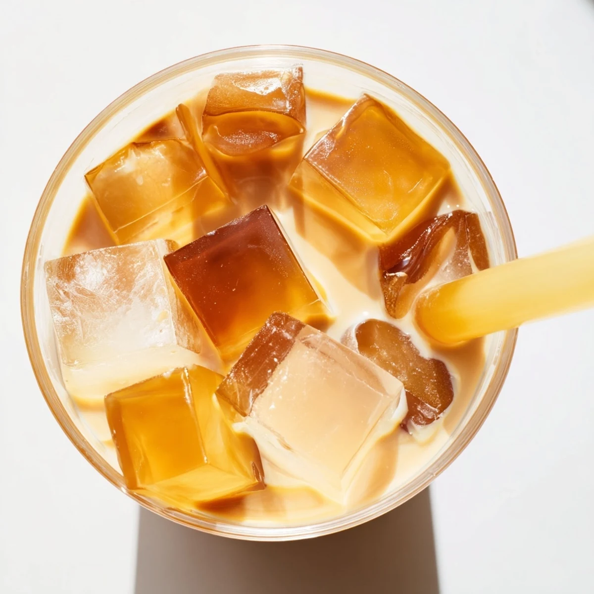 Creamy Coffee Jelly Drink in a tall glass, featuring layered milk and wobbly coffee jelly with a straw.