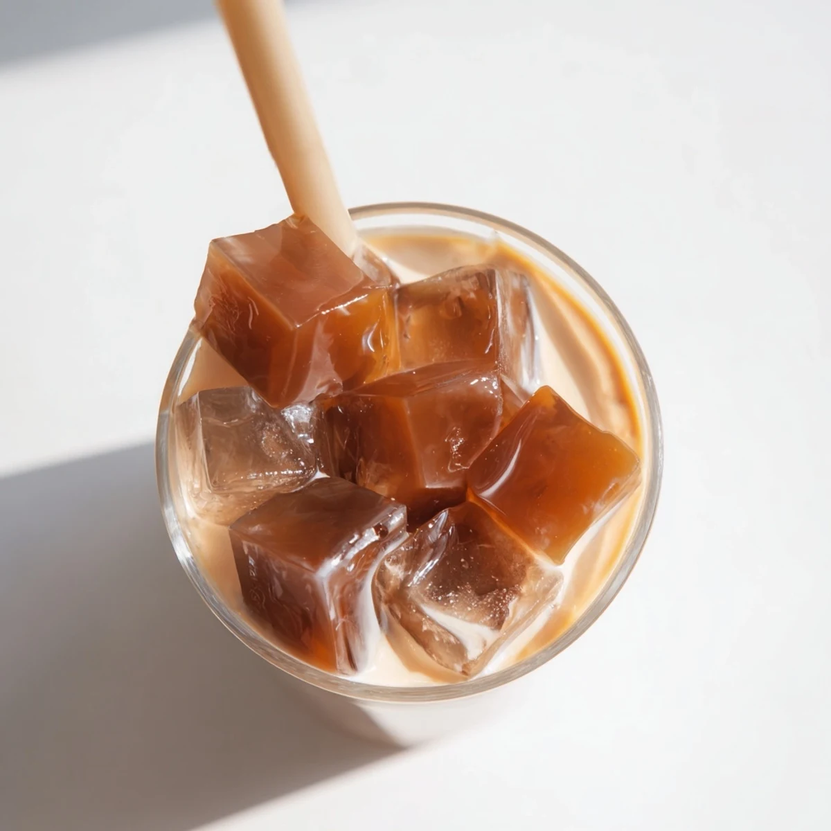 Iced Coffee Jelly Drink with diced coffee jelly cubes, sweet cream, and a dusting of cocoa on top.