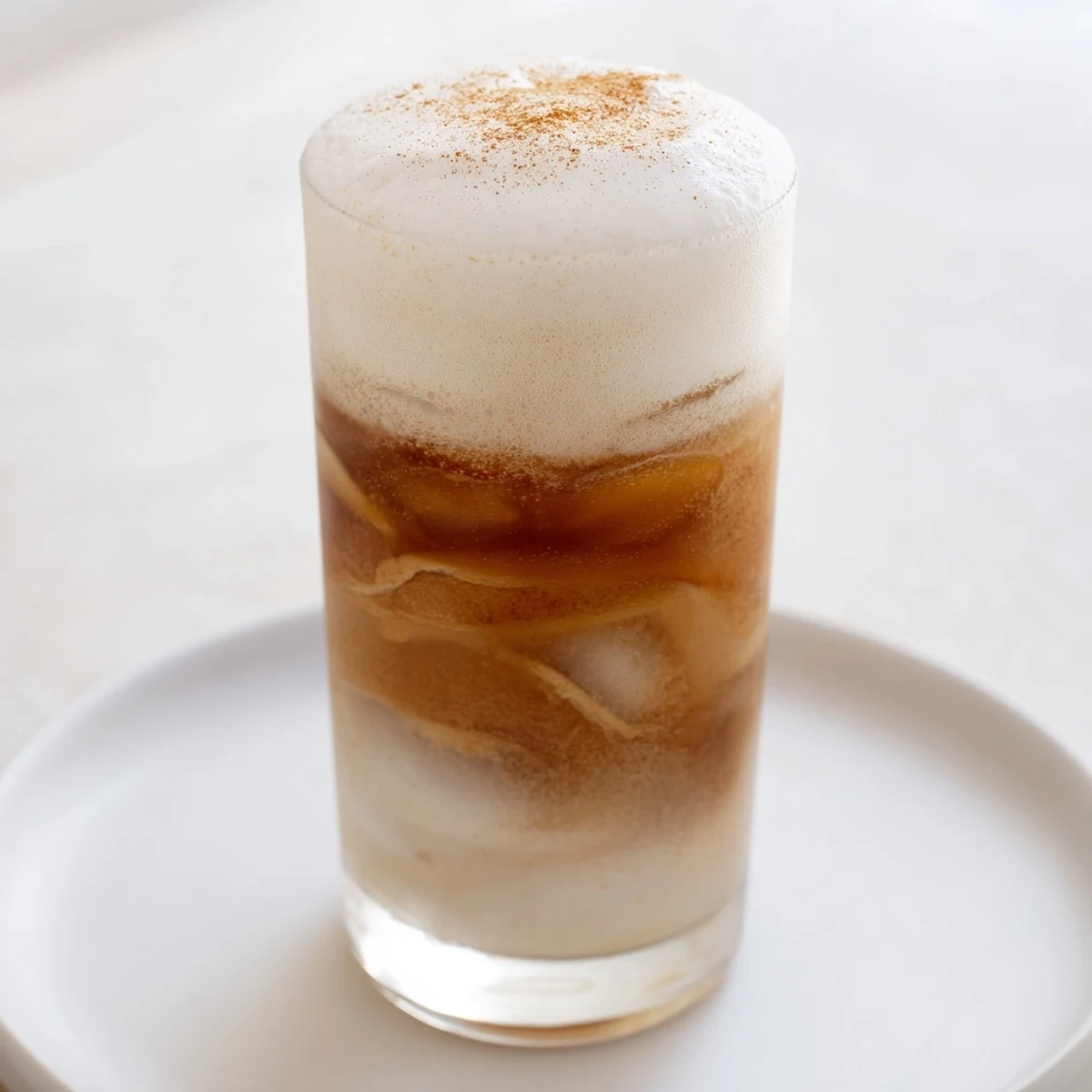 A close-up view of Iced Chai Tea with Cold Foam, highlighting the creamy foam layer on spiced chai.  