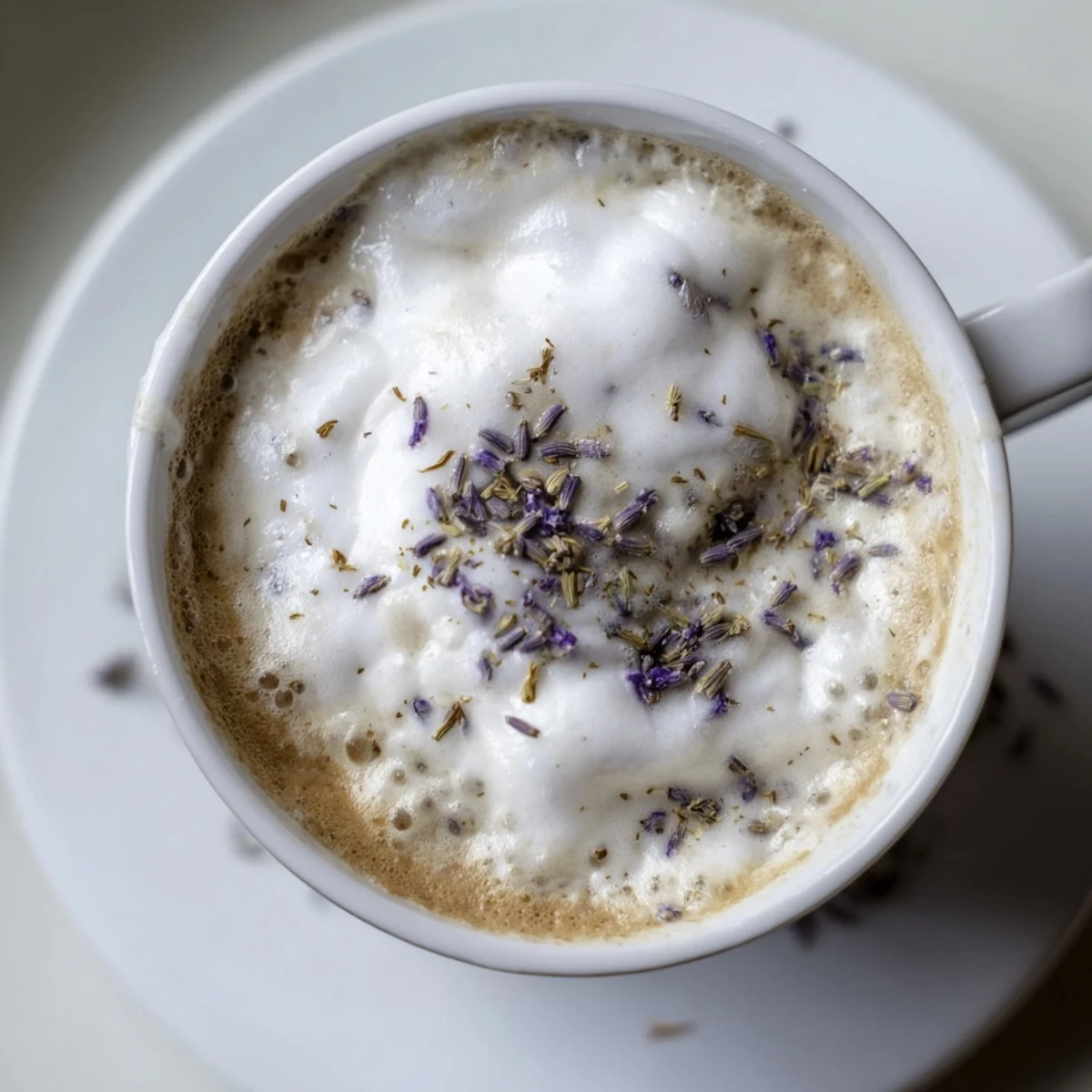 Creamy espresso topped with fluffy whipped lavender foam in a clear glass mug.  
