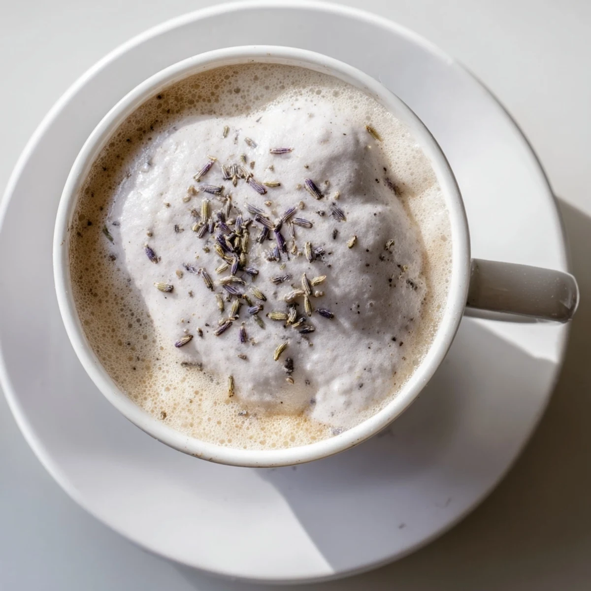 Homemade lavender latte garnished with dried buds beside shortbread cookies on marble.