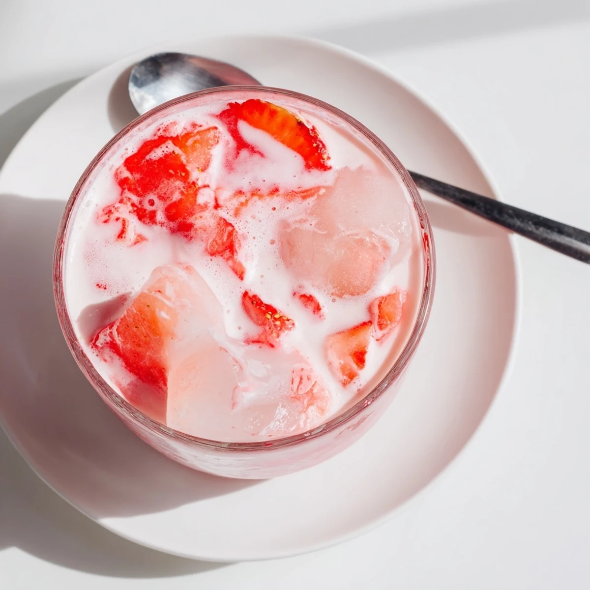 Overhead view of Refresher Copycat Pink Drink in a clear glass, filled with ice and fresh strawberry slices.  