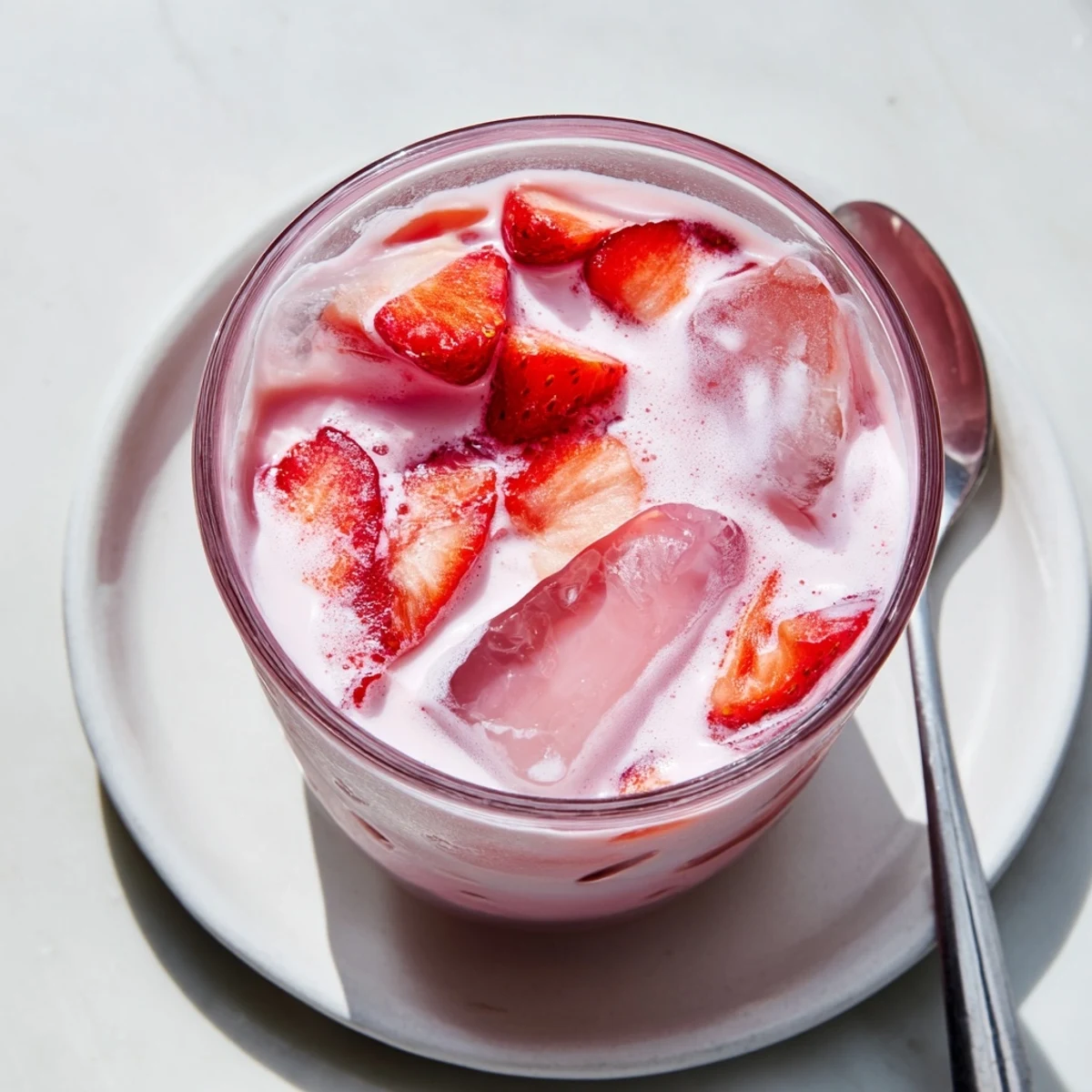 A refreshing Refresher Copycat Pink Drink served over ice, garnished with strawberries and a hint of tropical coconut milk.
