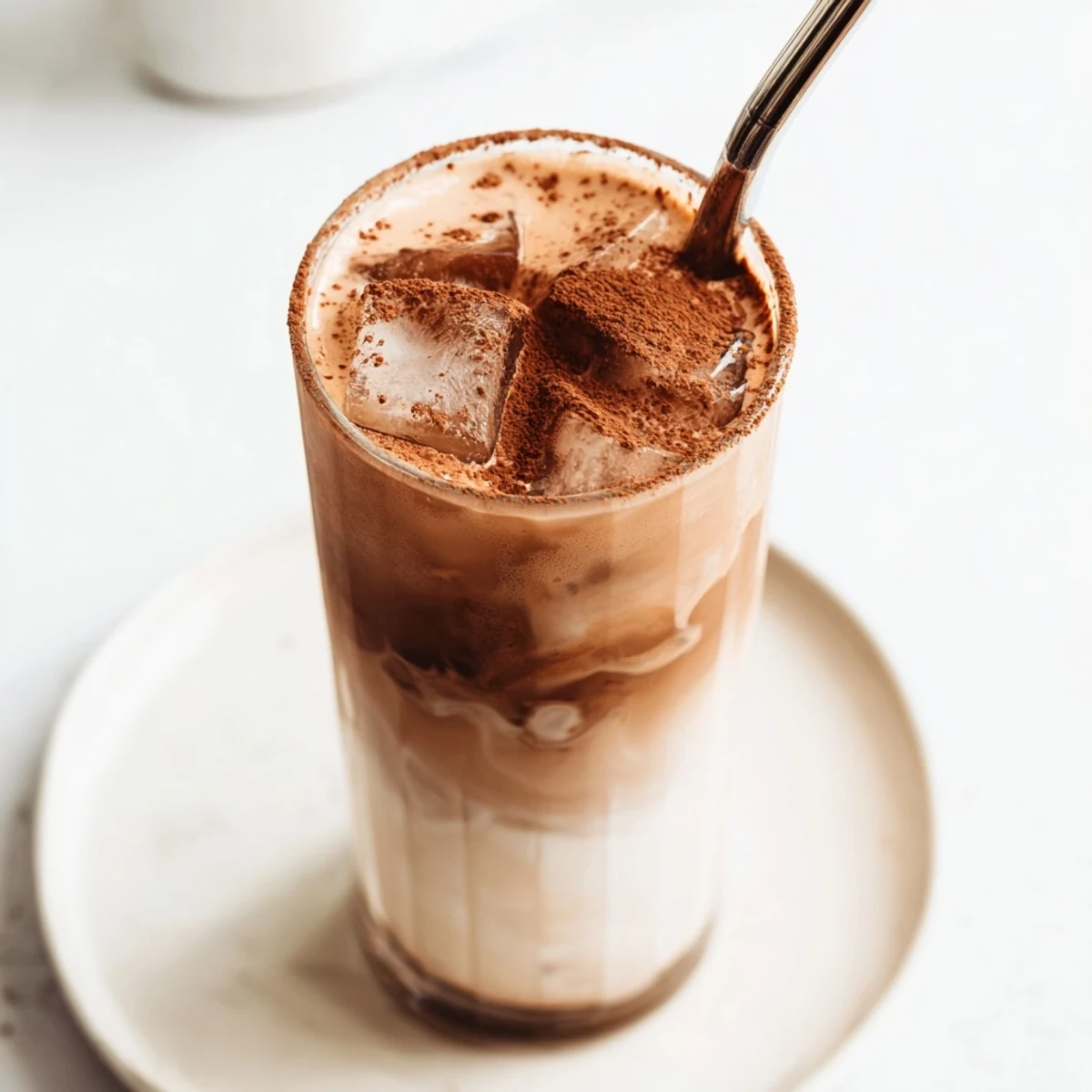A refreshing glass of Milo Ice Latte with ice cubes, topped with creamy milk and a dusting of Milo powder.