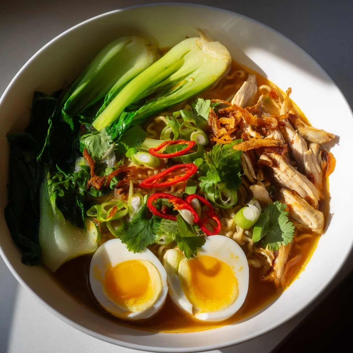Steaming Thai Miso Ramen Bowl with shredded chicken, bok choy, and a halved soft-boiled egg.  