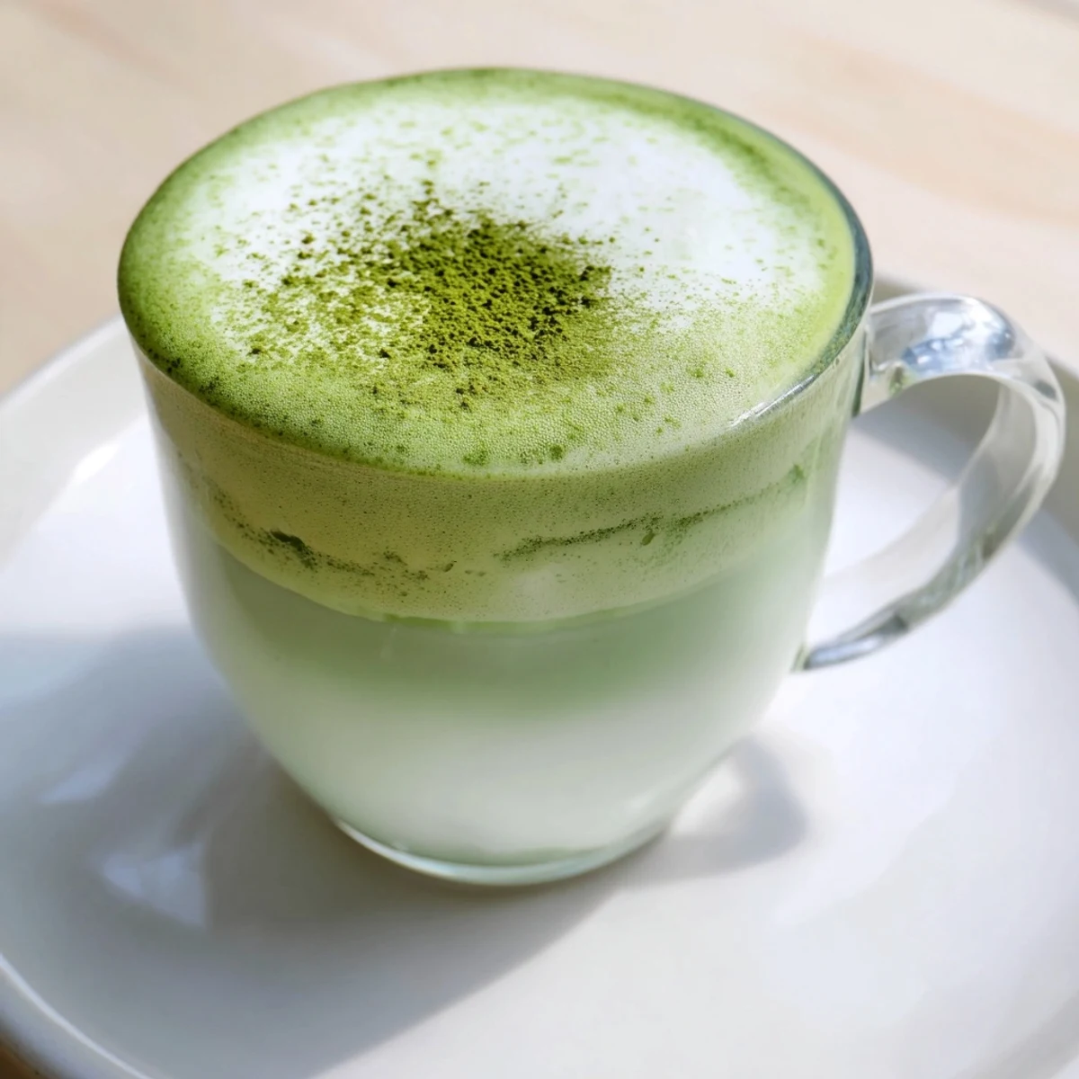 A frothy glass of matcha green tea latte with vibrant green swirls in steamed milk and a light foam topping.  