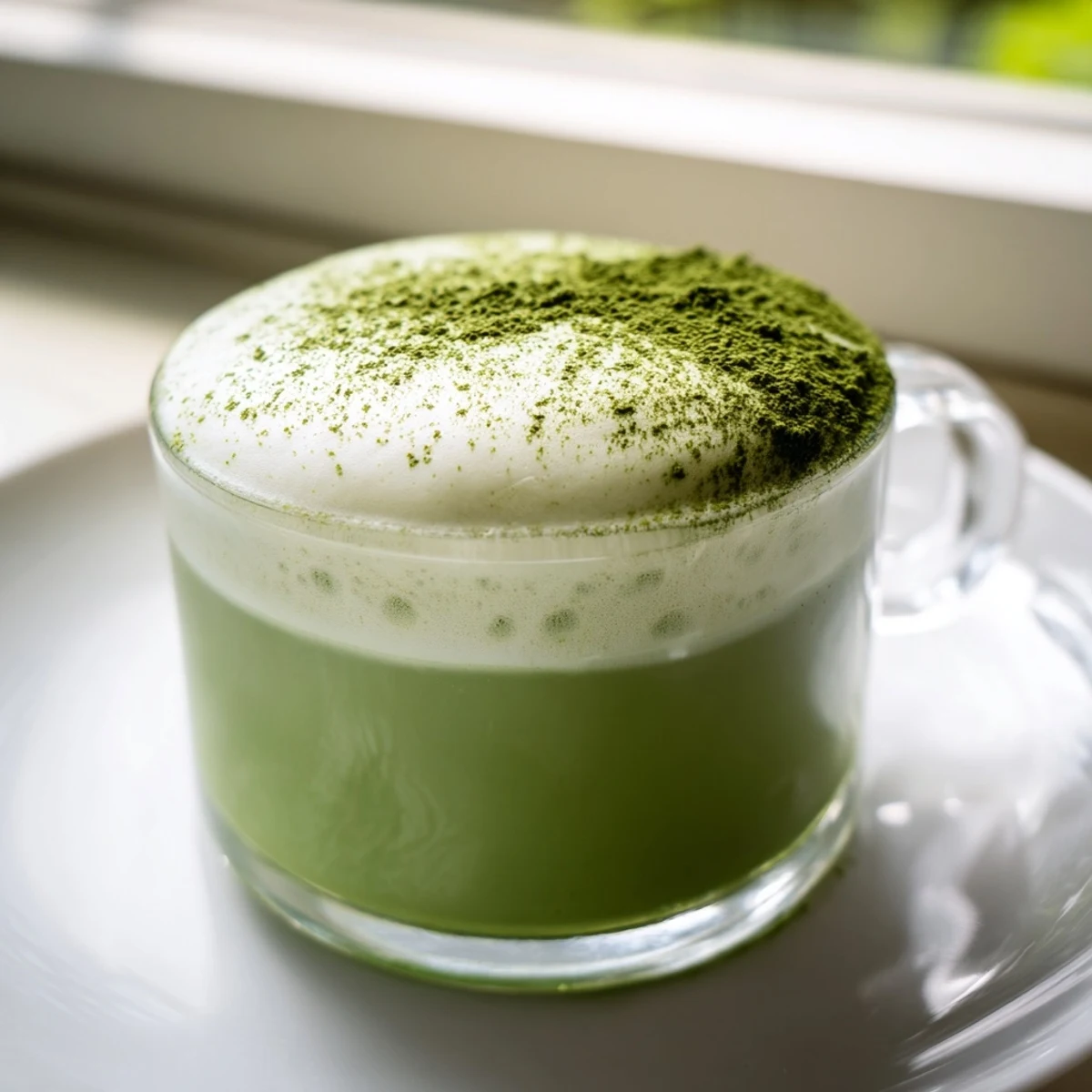 A creamy cup of matcha green tea latte topped with frothy milk foam, garnished with a delicate dusting of matcha powder.  