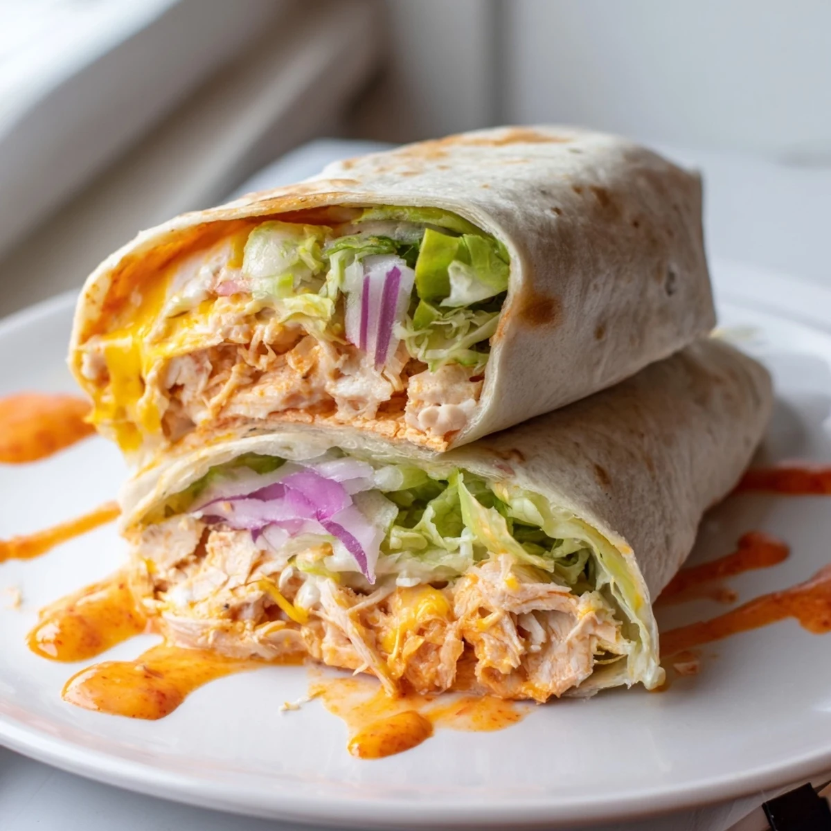 Spicy buffalo sauce and creamy ranch dressing coat tender chicken inside a golden, toasty flour tortilla wrap.