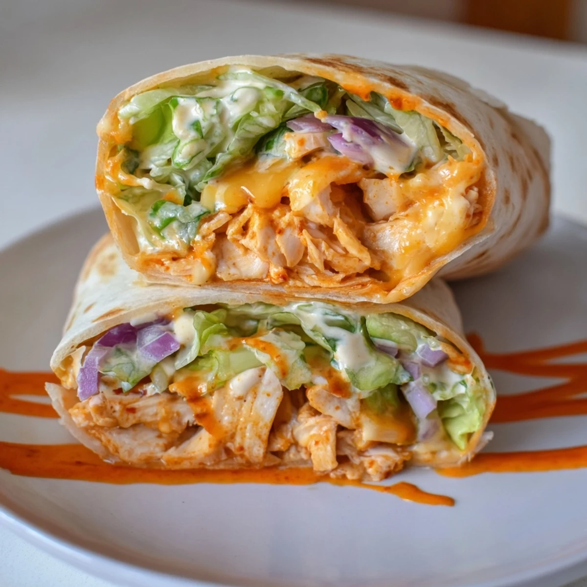 Sliced Buffalo Ranch Chicken Wrap halves arranged on a plate with celery sticks and a side of ranch.
