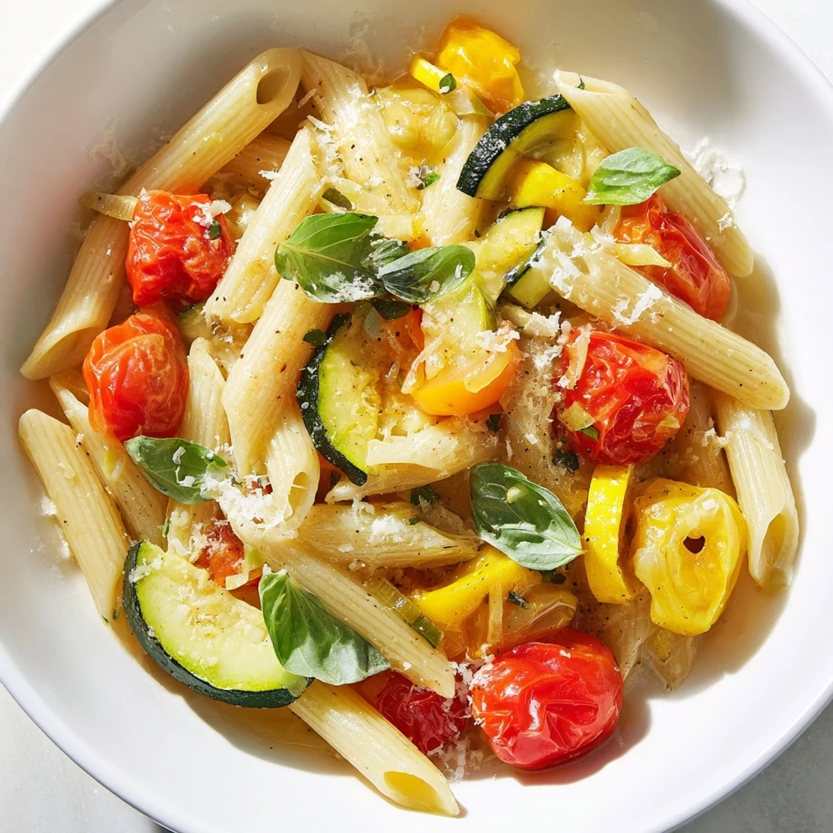 A close-up of Garden Veggie Pasta with zucchini, yellow squash, and cherry tomatoes glistening in olive oil and fresh basil.