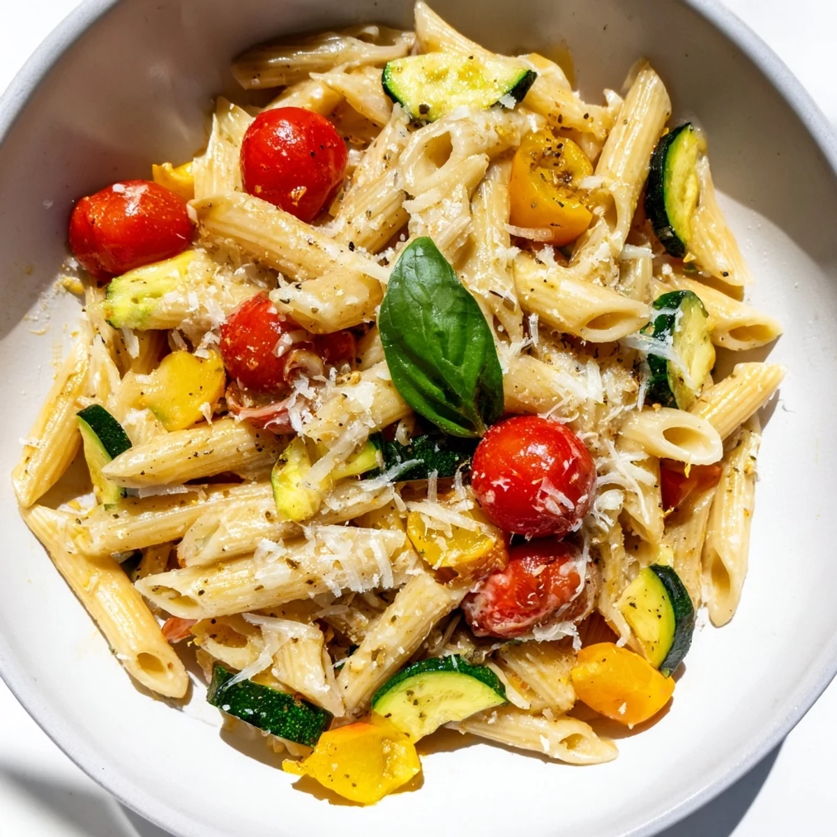 Steam rises from a skillet of Garden Veggie Pasta, with tender vegetables and al dente penne tossed in garlic and olive oil.