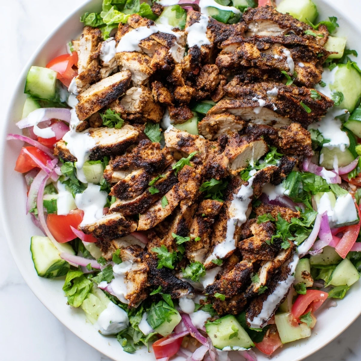 Colorful Chicken Shawarma Salad with spiced grilled chicken, crisp cucumbers, tomatoes, and fresh greens topped with creamy yogurt dressing.