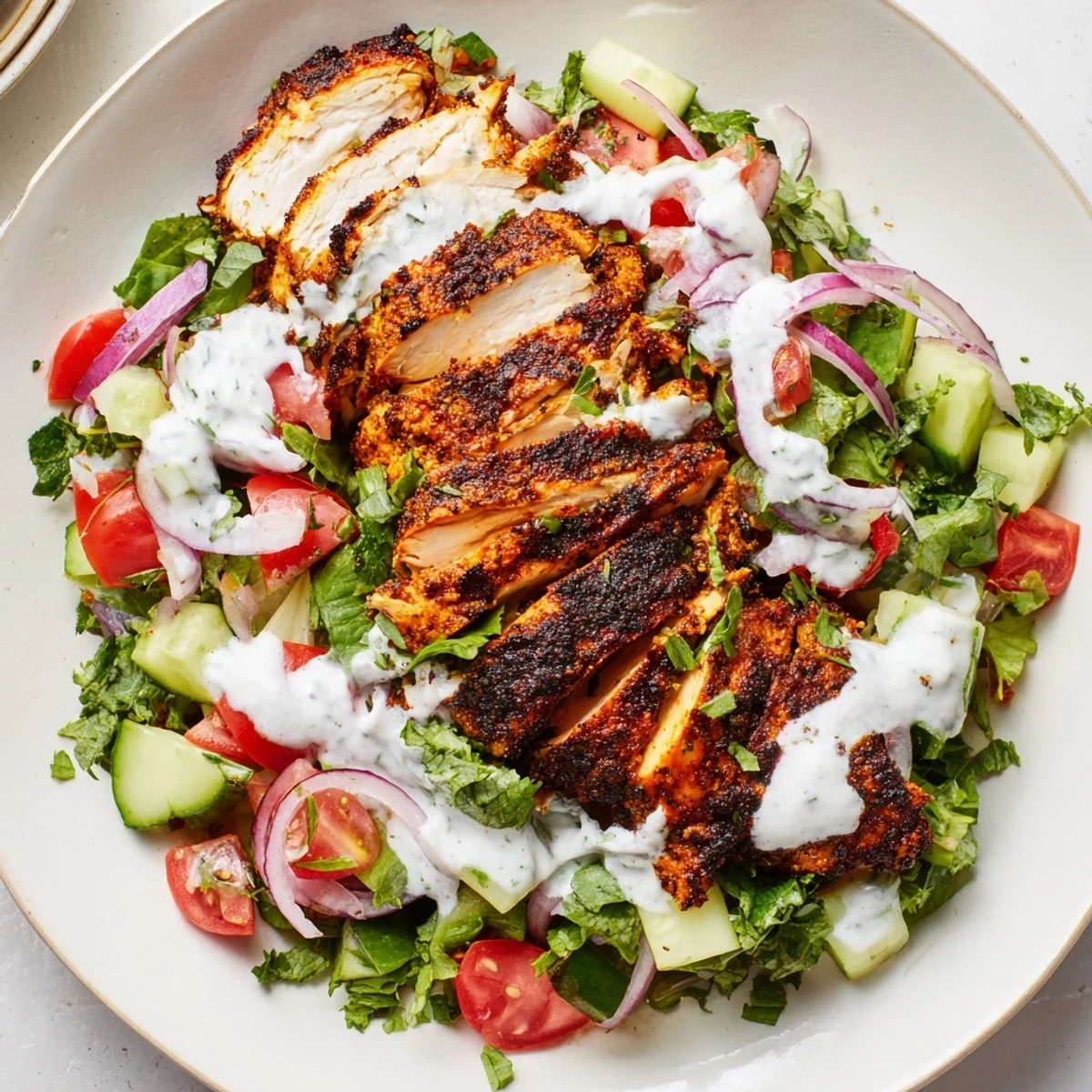 Serving suggestion for Chicken Shawarma Salad, drizzled with tangy yogurt dressing and garnished with fresh parsley.