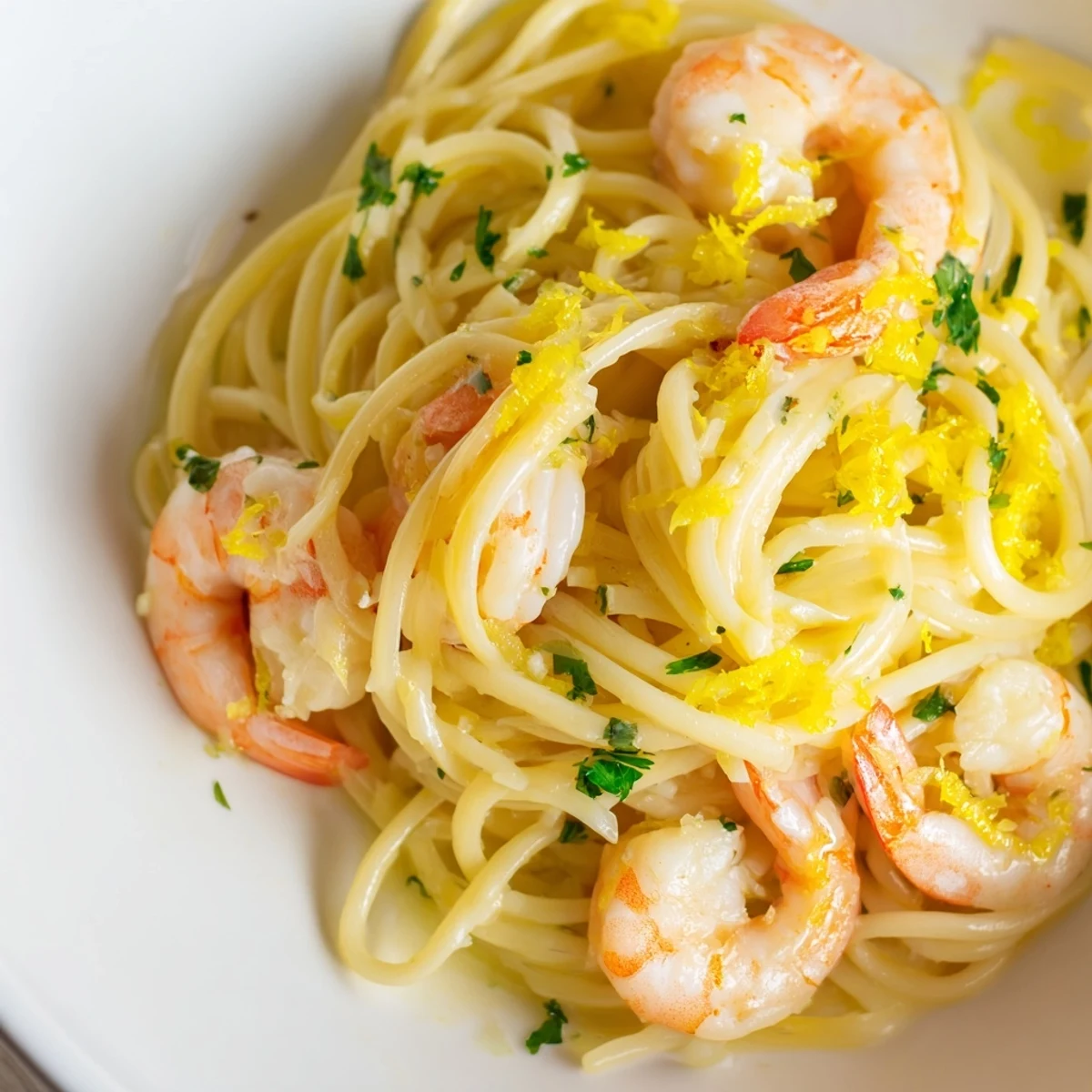 Bright, sautéed shrimp coated in a zesty lemon garlic butter sauce, served over al dente spaghetti on a white plate.  