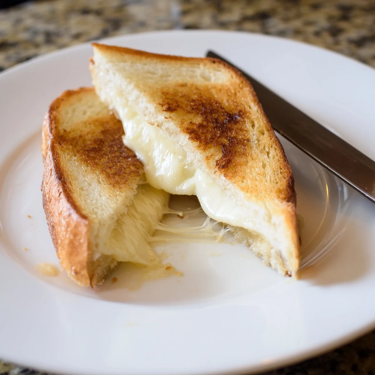 Golden, crispy sourdough slices encase a melty blend of mozzarella, cheddar, and provolone, served warm as a comforting classic.  
