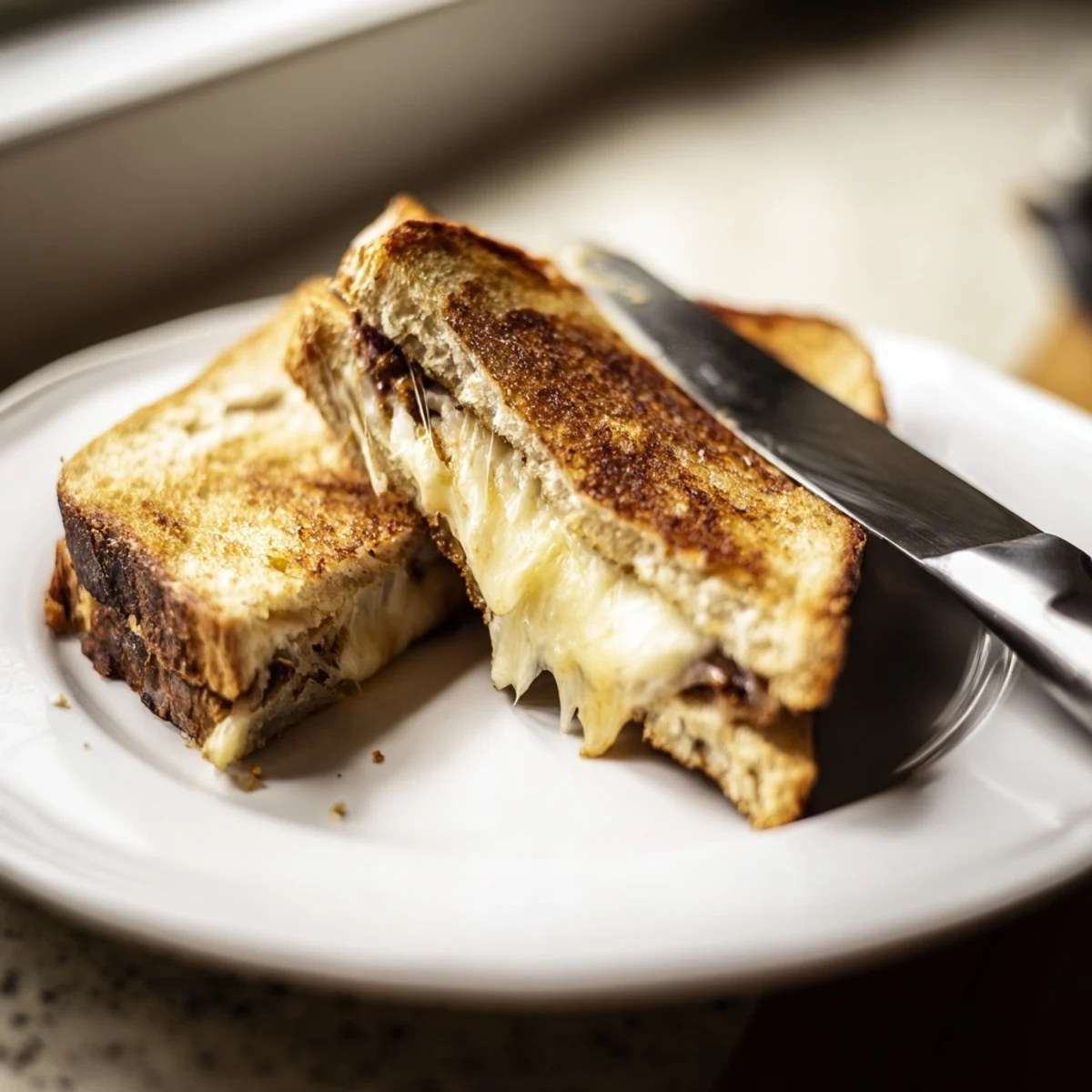 Gooey, freshly melted three-cheese filling oozes from a perfectly grilled sandwich on a wooden cutting board.  