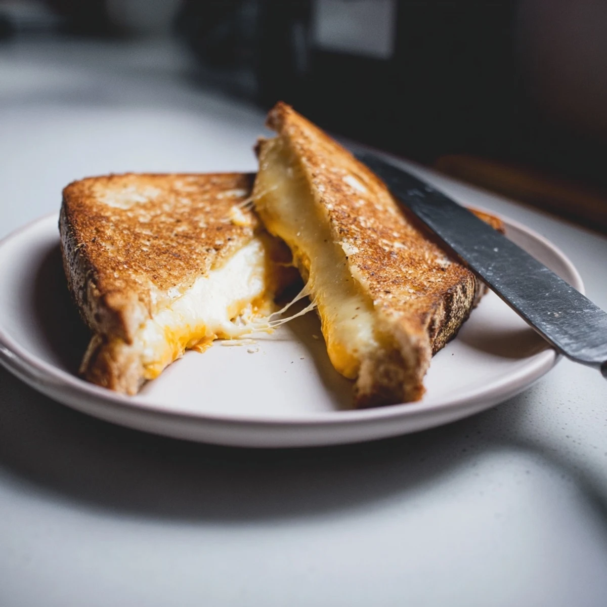 A decadent Three-Cheese Grilled Cheese sandwich with a buttery crust, ideal for dipping into a bowl of tomato soup.