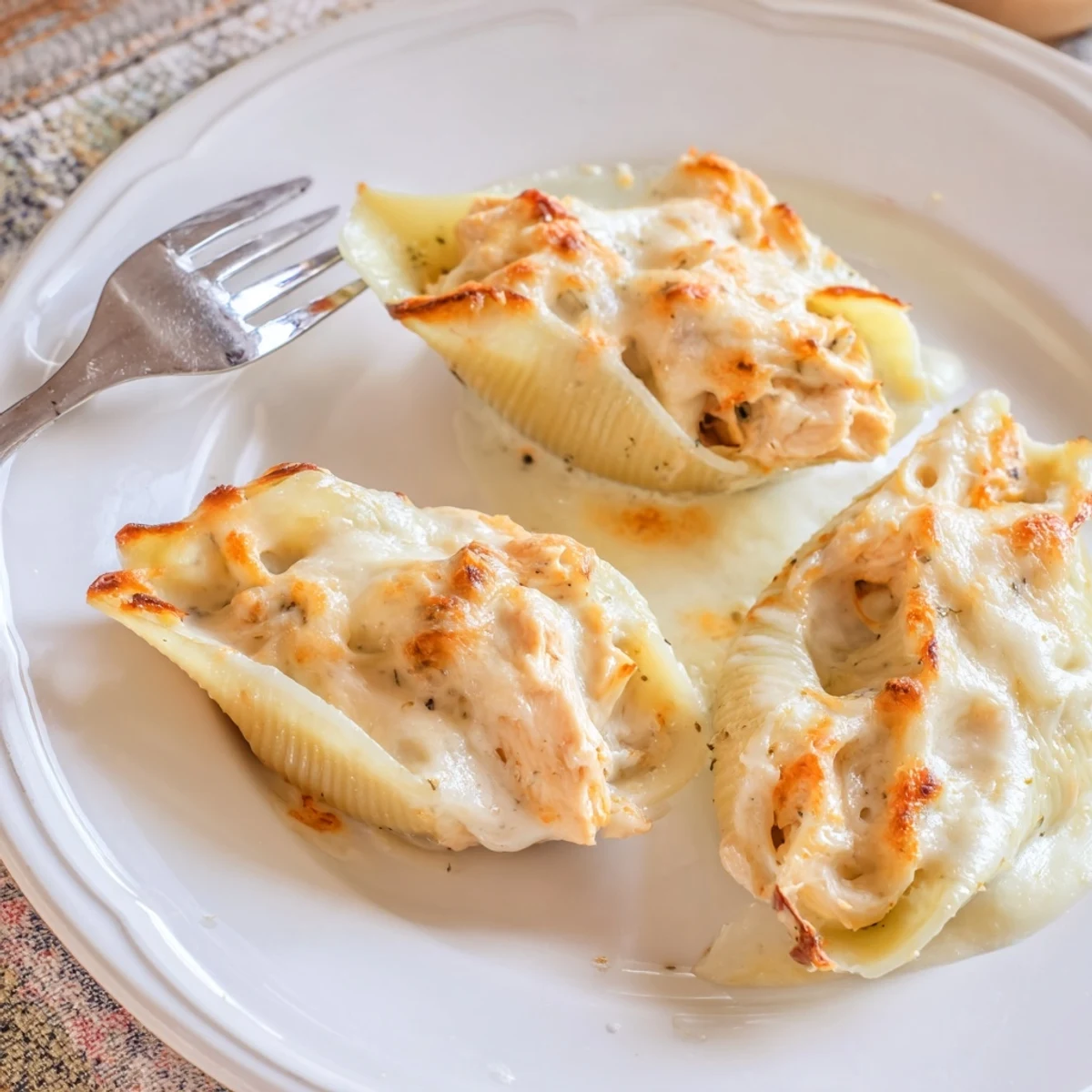 Golden, bubbling Chicken Alfredo Stuffed Shells fresh from the oven, garnished with fresh parsley.  