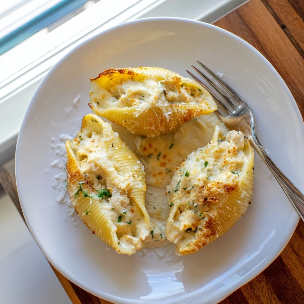 Tender jumbo shells filled with chicken Alfredo, topped with melted mozzarella and rich parmesan.