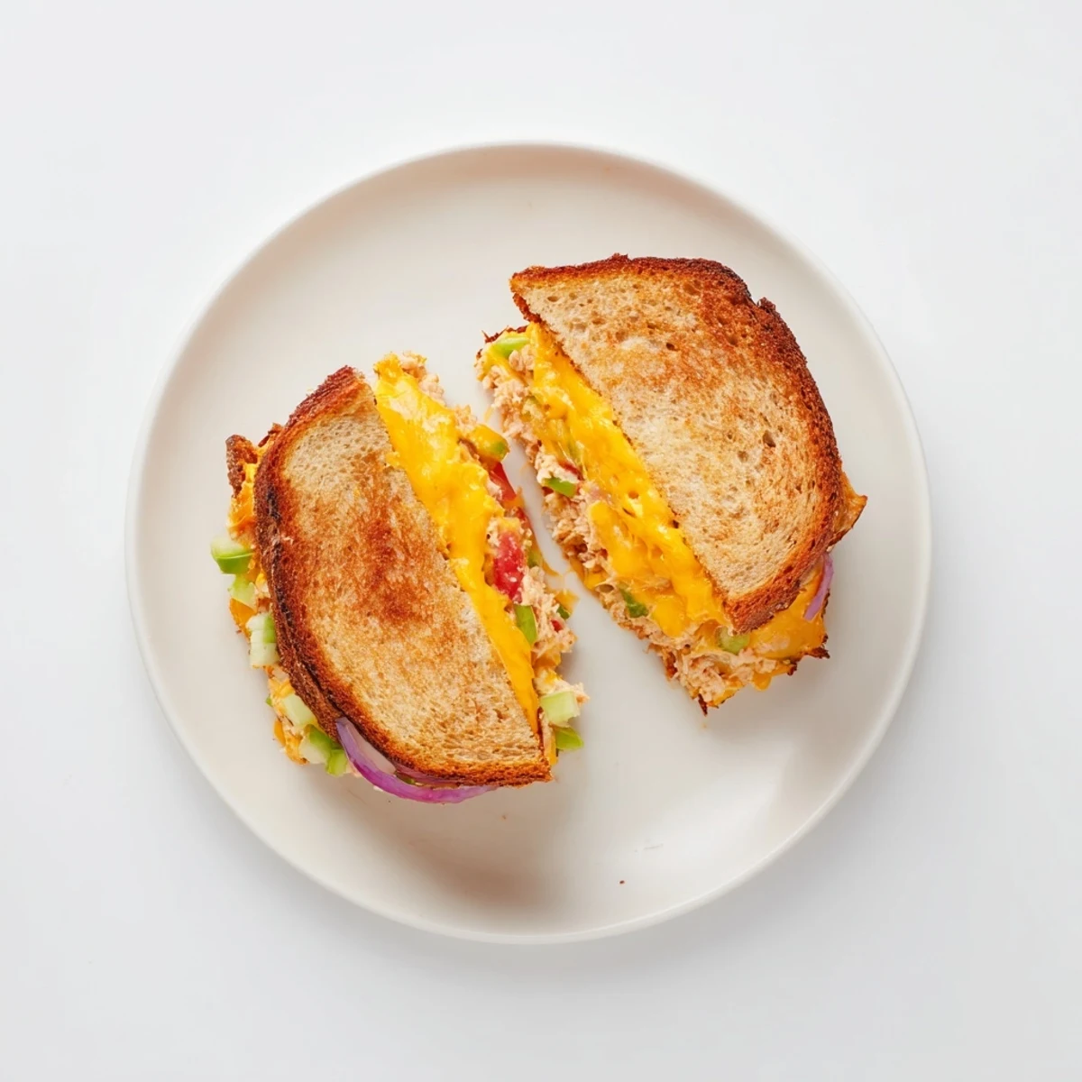 Golden-brown sourdough slices, filled with zesty spicy tuna melt and gooey melted cheddar, served hot on a plate.