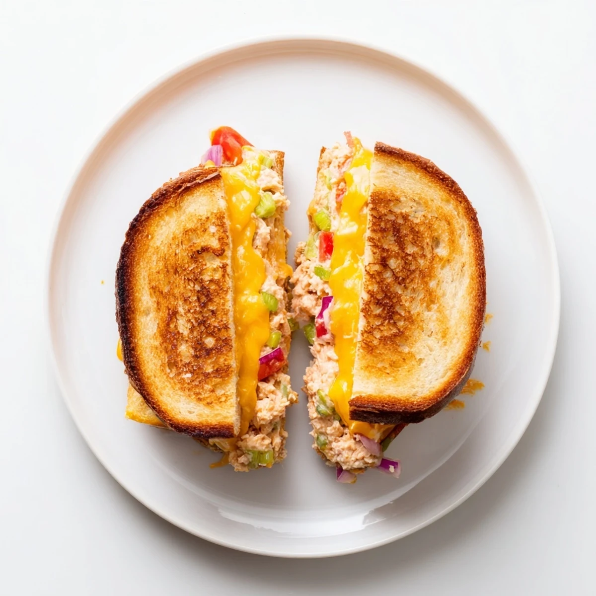 Freshly prepared spicy tuna melt sandwich, featuring diced celery and red onion, presented alongside crisp pickles.