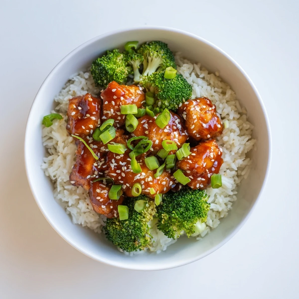 A close-up view of the Sweet Chili Chicken Bowl, featuring tender glazed chicken, fluffy white rice, and bright green steamed broccoli, garnished with sesame seeds and green onions.