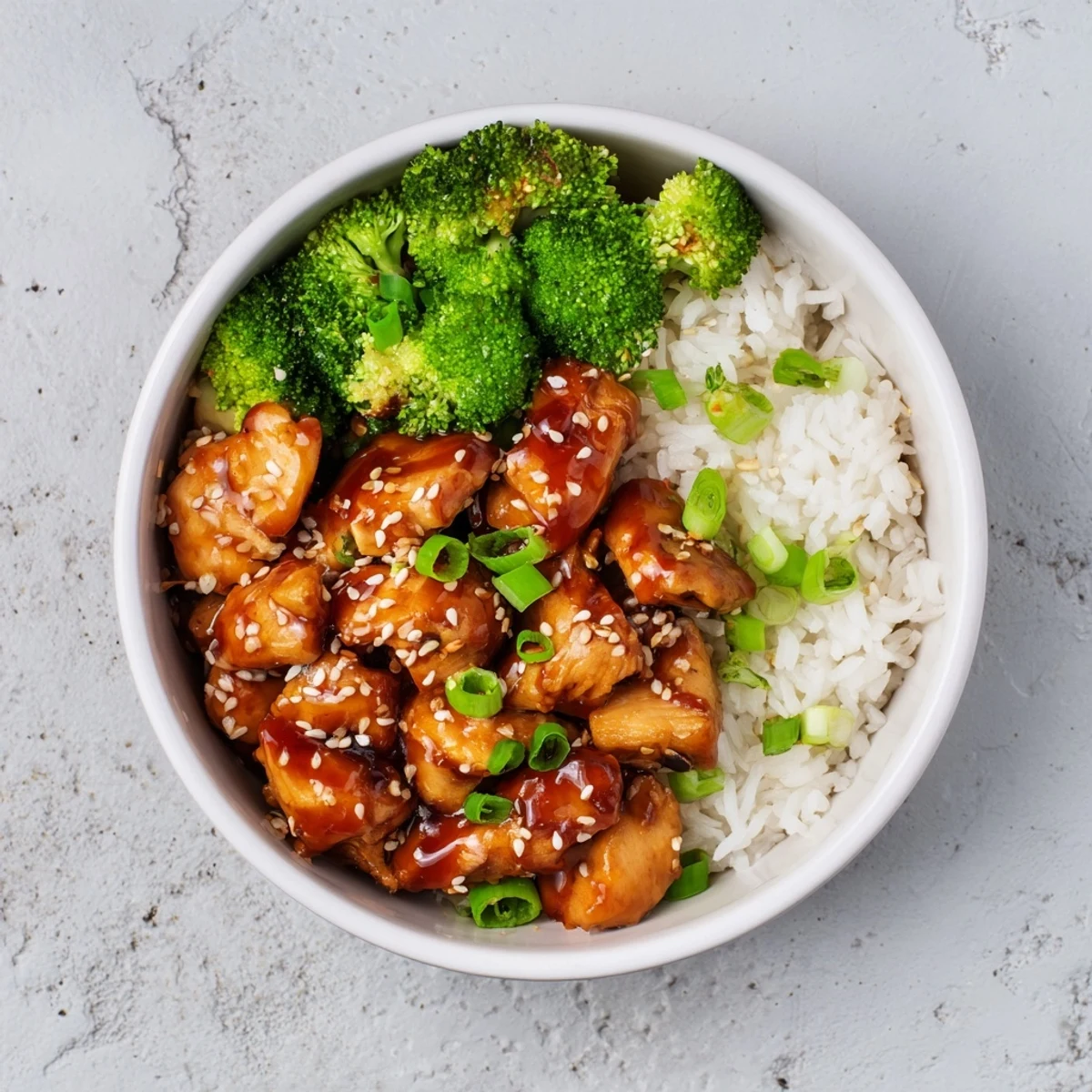 A freshly assembled Sweet Chili Chicken Bowl showing glossy sweet chili sauce over golden chicken pieces, steamed rice, and crisp broccoli florets, served as a vibrant main dish.