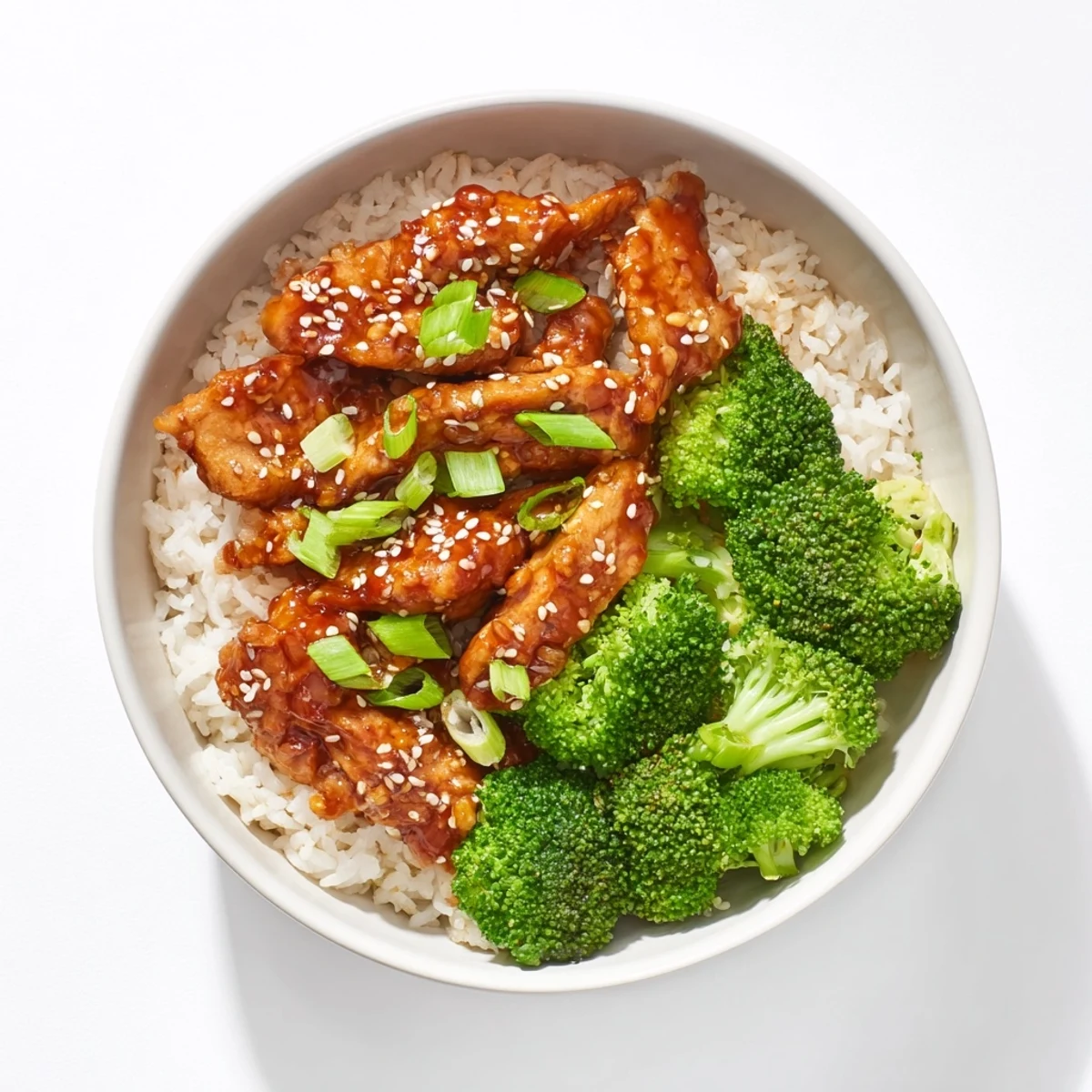 Overhead shot of the Sweet Chili Chicken Bowl, highlighting the juicy chicken, fluffy jasmine rice, and vibrant steamed broccoli topped with fresh green onions and sesame seeds.