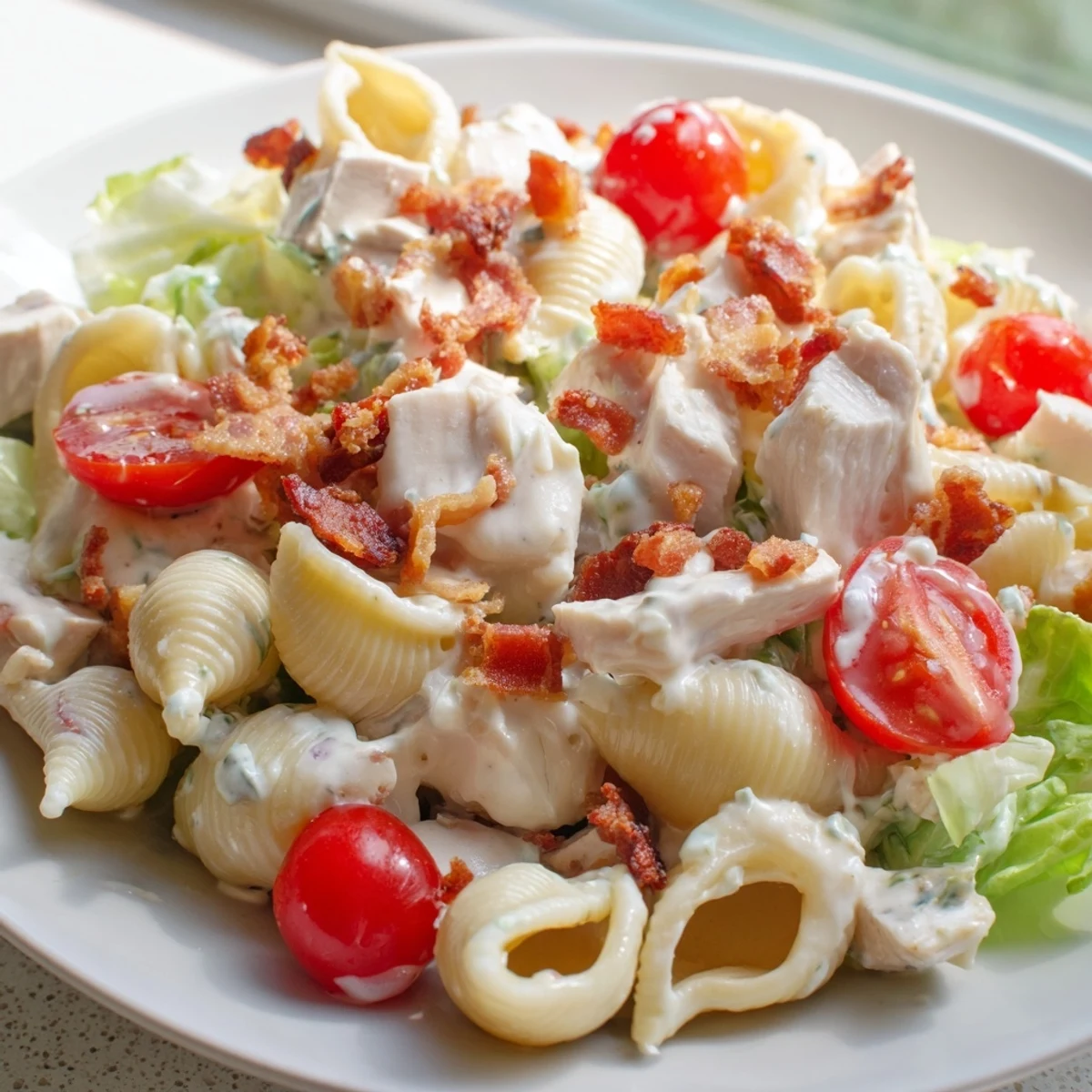 A close-up of BLT Chicken Pasta Salad with grilled chicken, crisp bacon, and halved cherry tomatoes on pasta shells, dressed in creamy mayo.  