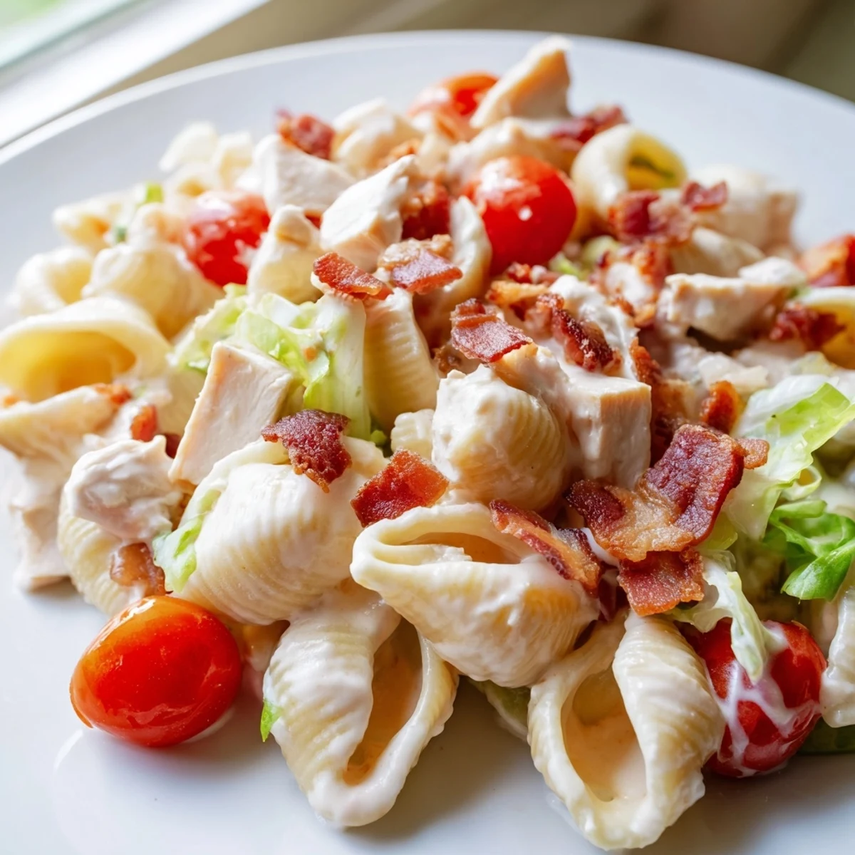 Fresh BLT Chicken Pasta Salad features tender pasta shells, juicy chicken, bacon crumbles, and vibrant tomatoes tossed in a light, creamy dressing.