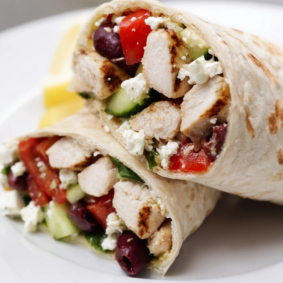 Overhead view of a completed Greek Lemon Chicken Salad Wrap garnished with parsley, with a side of creamy tzatziki and lemon wedges for a bright, tangy lunch.