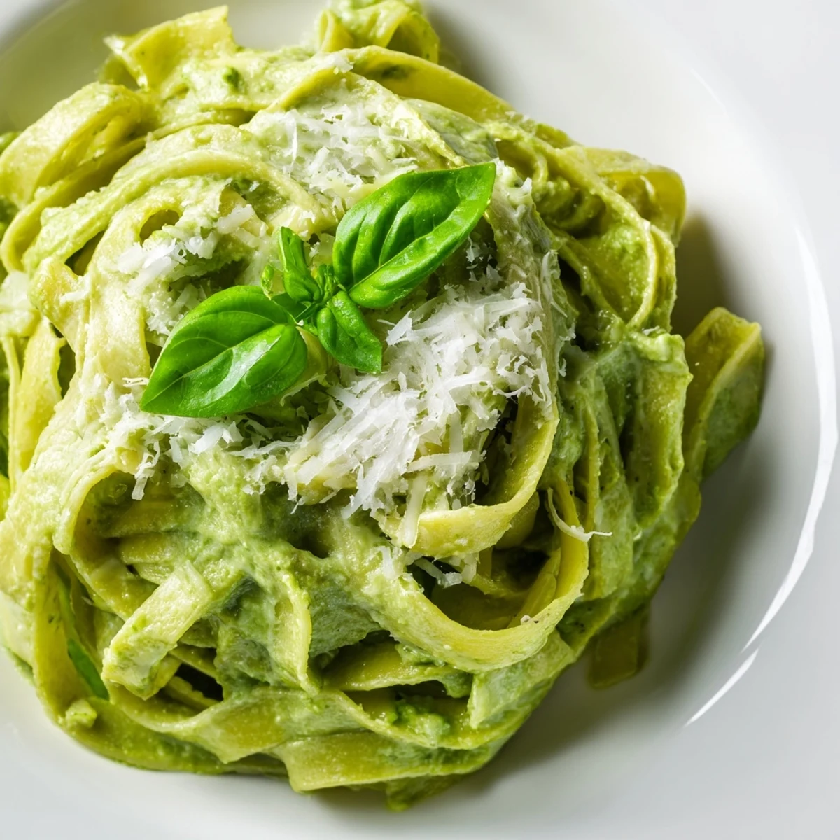 Freshly cooked fettuccine coated in a creamy green pea Alfredo sauce, garnished with grated Parmesan and basil for a vibrant weeknight dinner.