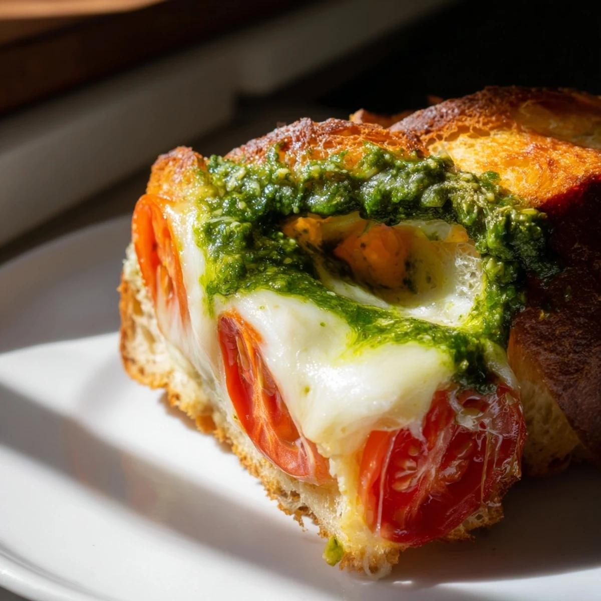 Golden-brown Caprese Pesto Grilled Cheese oozing with melted mozzarella and juicy tomato slices.