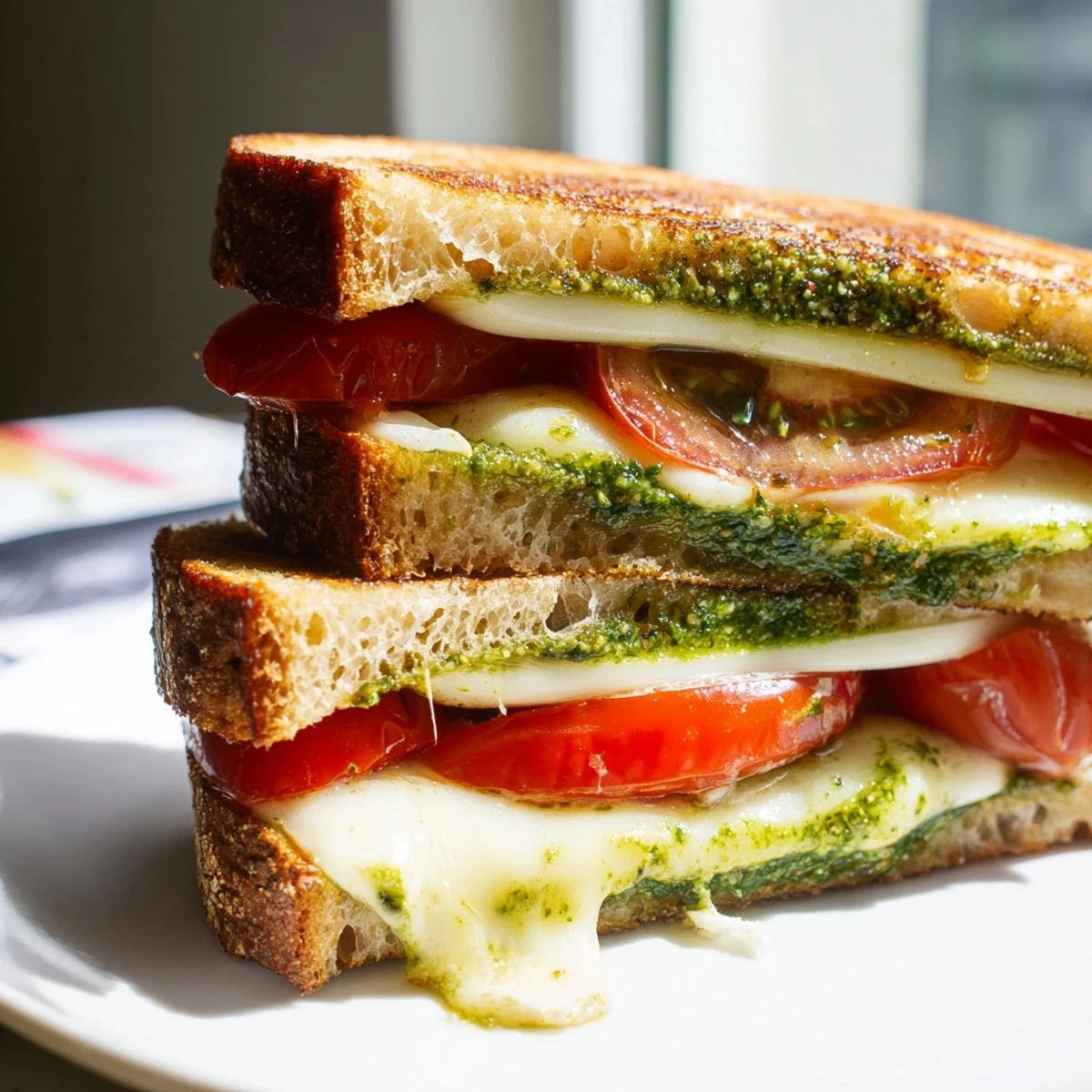 Two halves of a Caprese Pesto Grilled Cheese, highlighting crispy bread and vibrant basil.