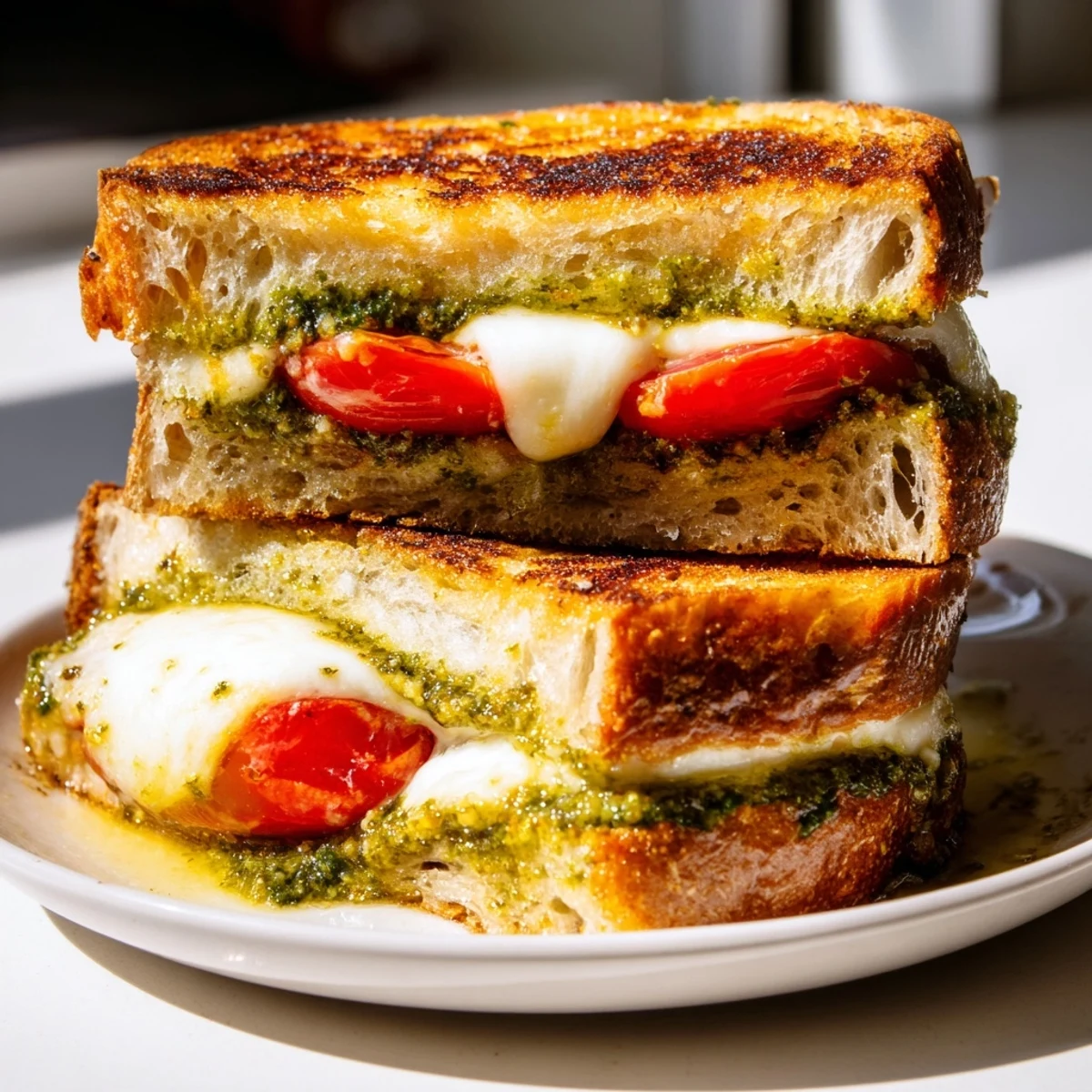 Savory Caprese Pesto Grilled Cheese with fresh tomatoes and melted mozzarella on sourdough.